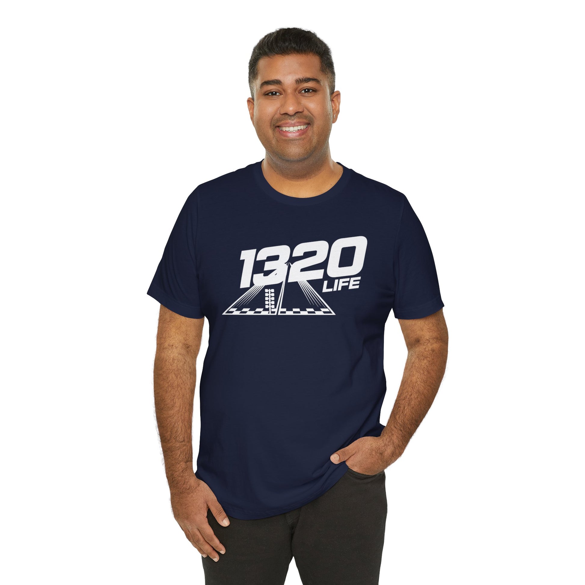 Man wearing a navy blue t-shirt with '1320 LIFE' logo on a white background