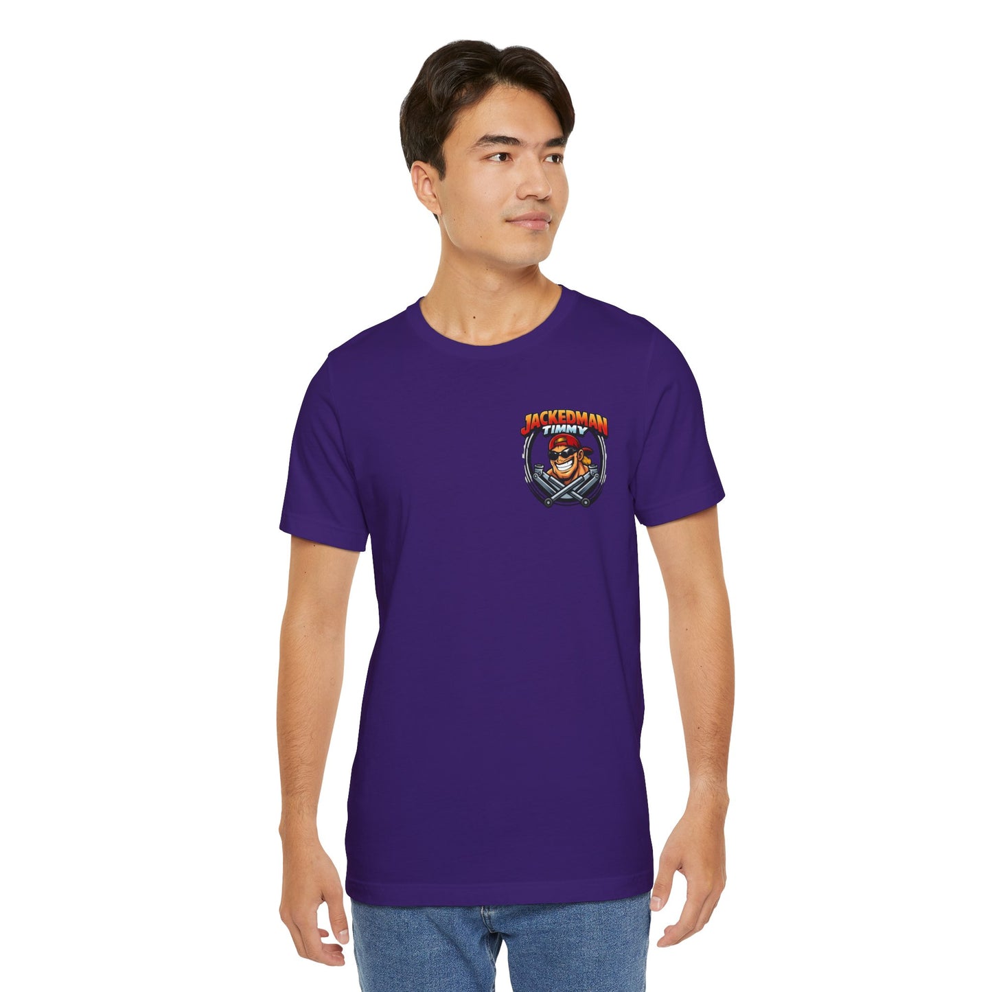 Man wearing a purple t-shirt with a graphic design Jackedman Timmy Race Jacks logo on a white background