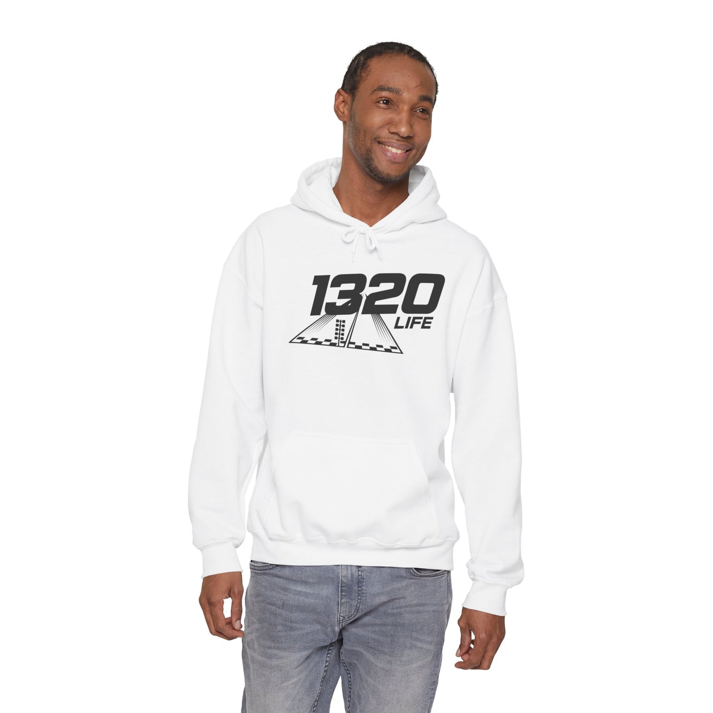 Man wearing a white hoodie with '1320 LIFE' logo on a white background