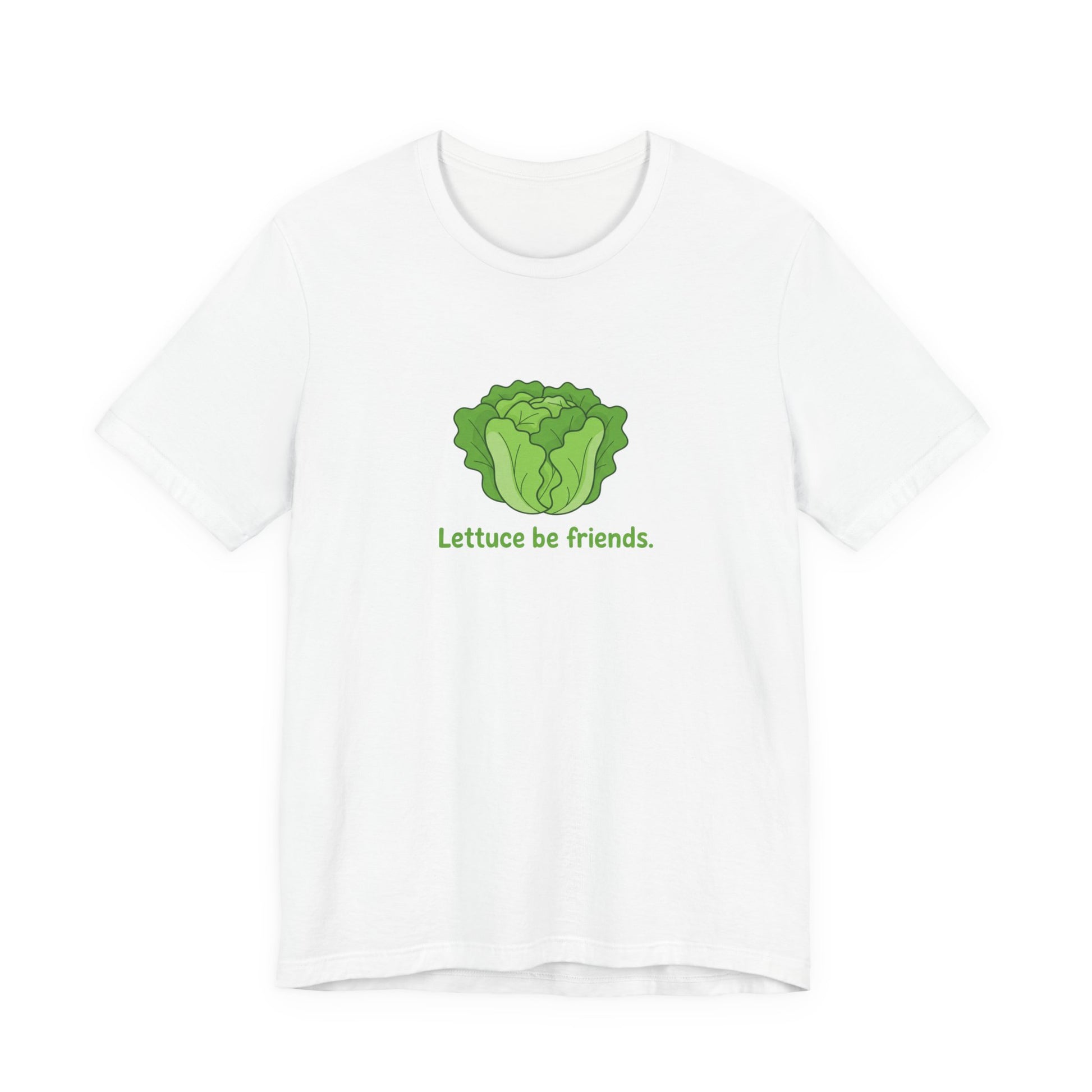 White t-shirt with green lettuce graphic and text 'Lettuce be friends' on a white background