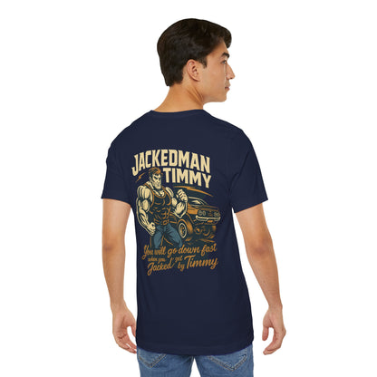 Man wearing a navy blue t-shirt with 'Jackedman Timmy' graphic design on the back.