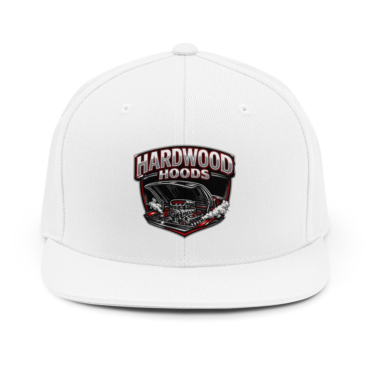 White cap with Hardwood Hoods logo on a white background