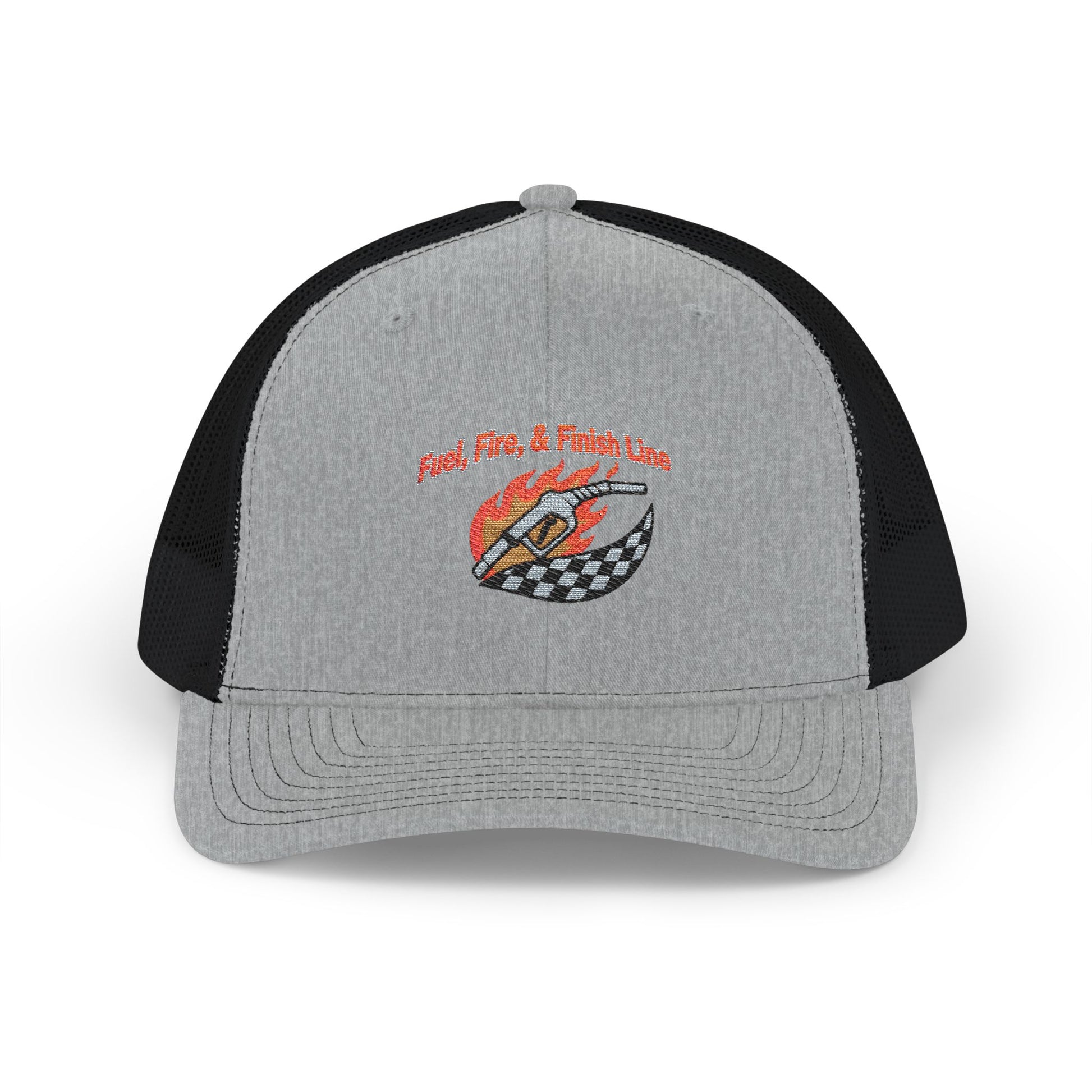 Gray and black cap with red and orange graphic design and text 'Fuel, Fire & Finish Line' on a white background