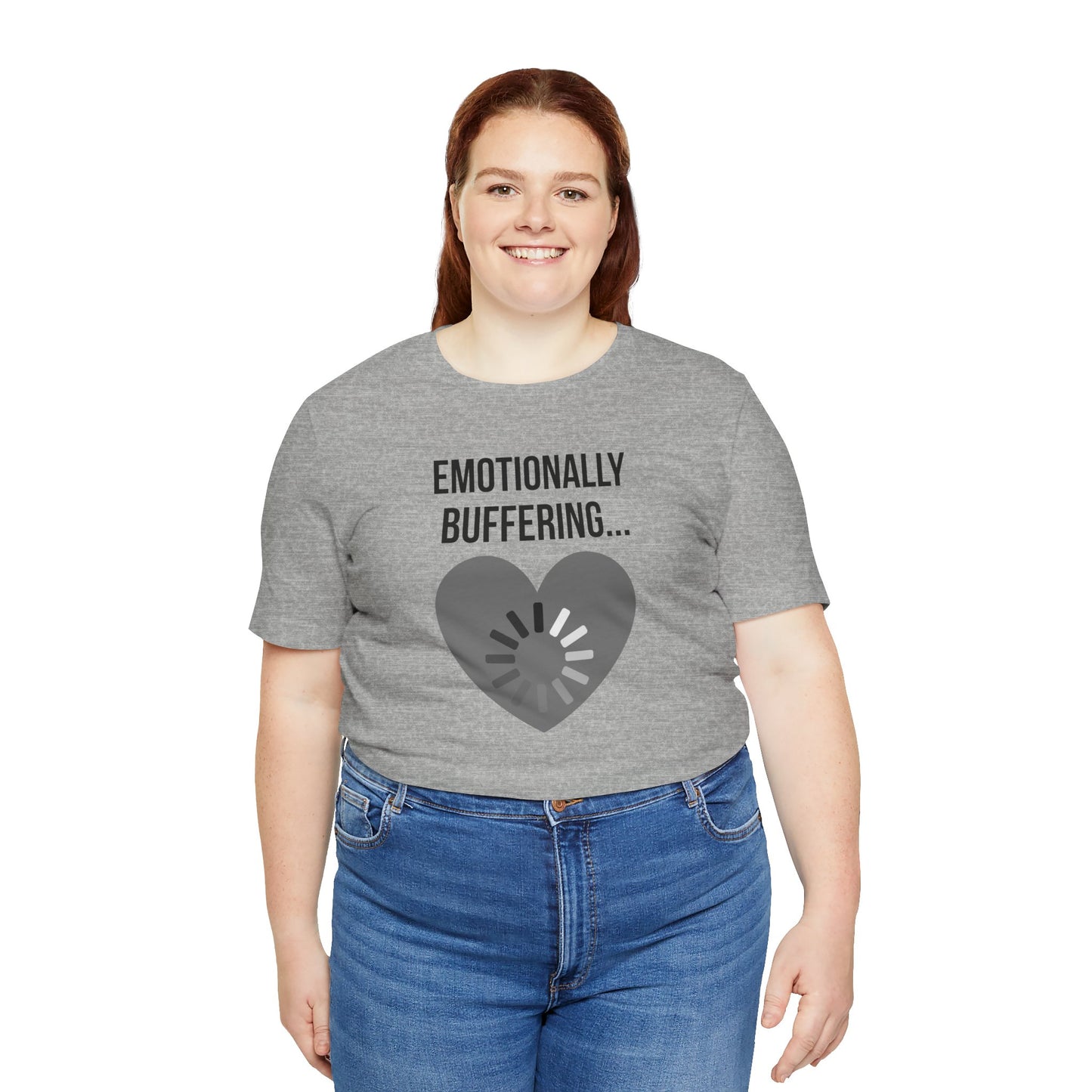 Person wearing a gray t-shirt with 'Emotionally Buffering' design on a white background