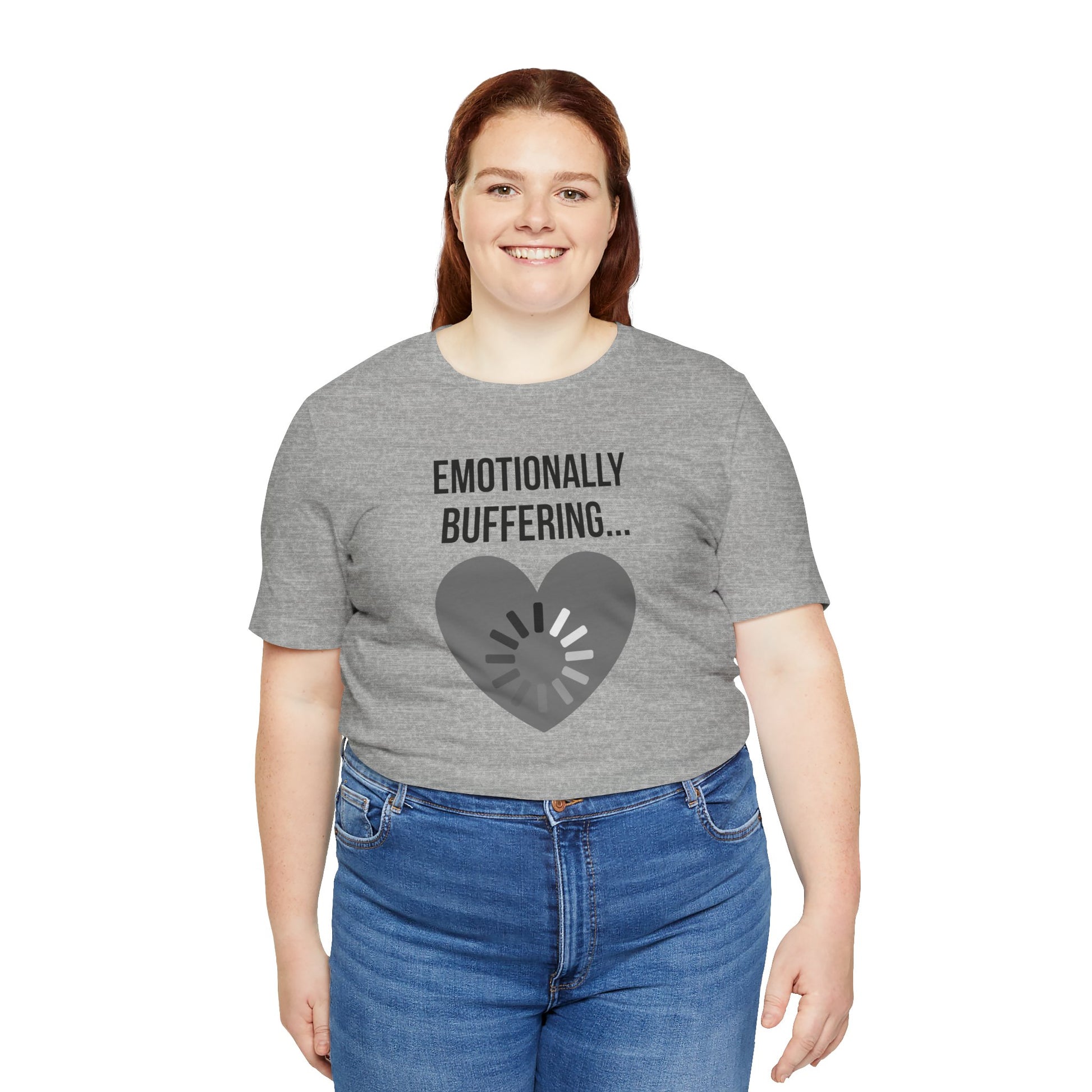 Person wearing a gray t-shirt with 'Emotionally Buffering' design on a white background