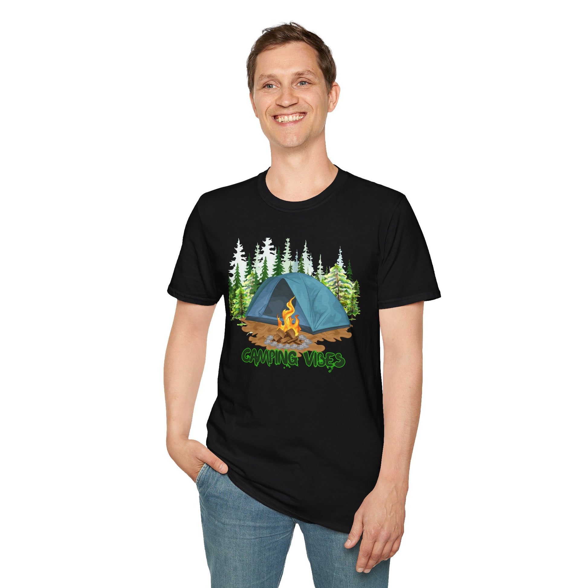 Person wearing a black t-shirt with a camping graphic and 'Campfire Vibes' text.