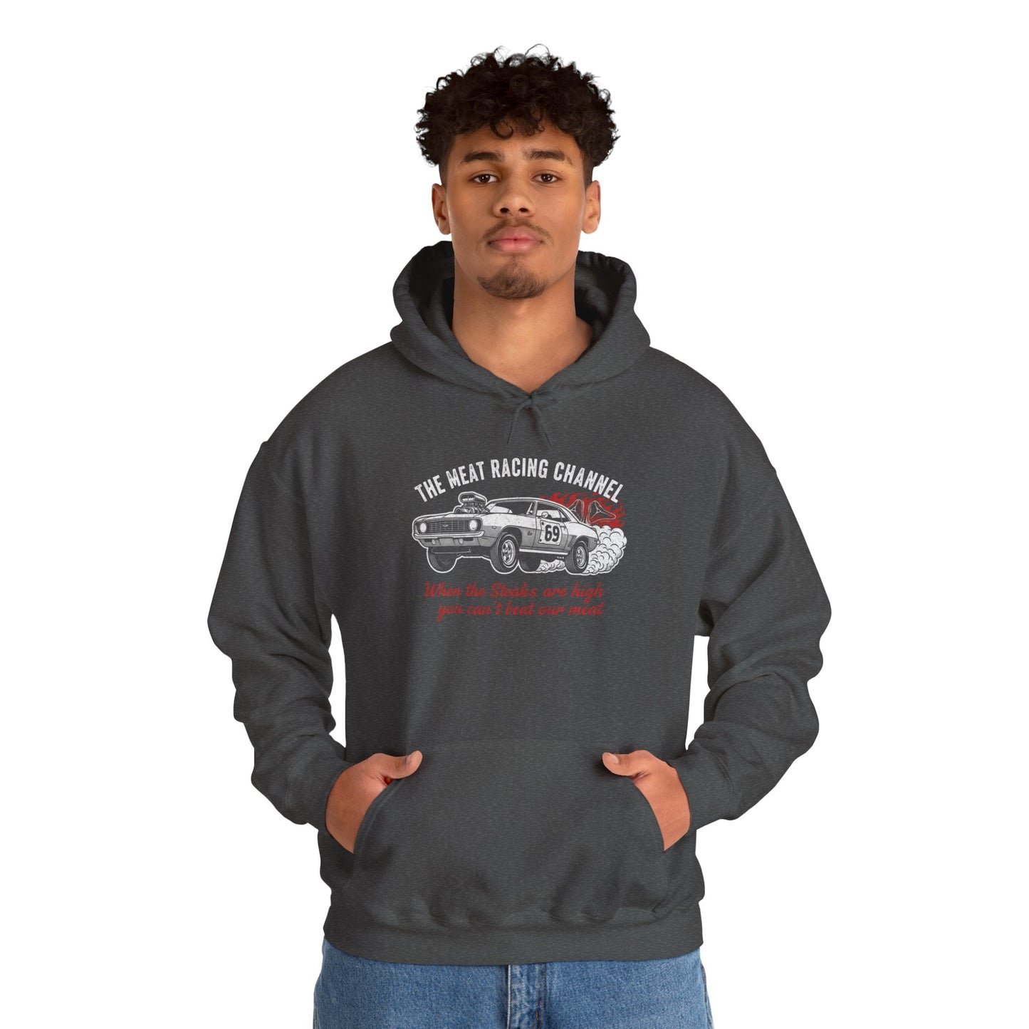 Person wearing a dark gray hoodie with a graphic design 'The Meat Racing Channel When the Steaks are high you can't beat our meat' on a white background