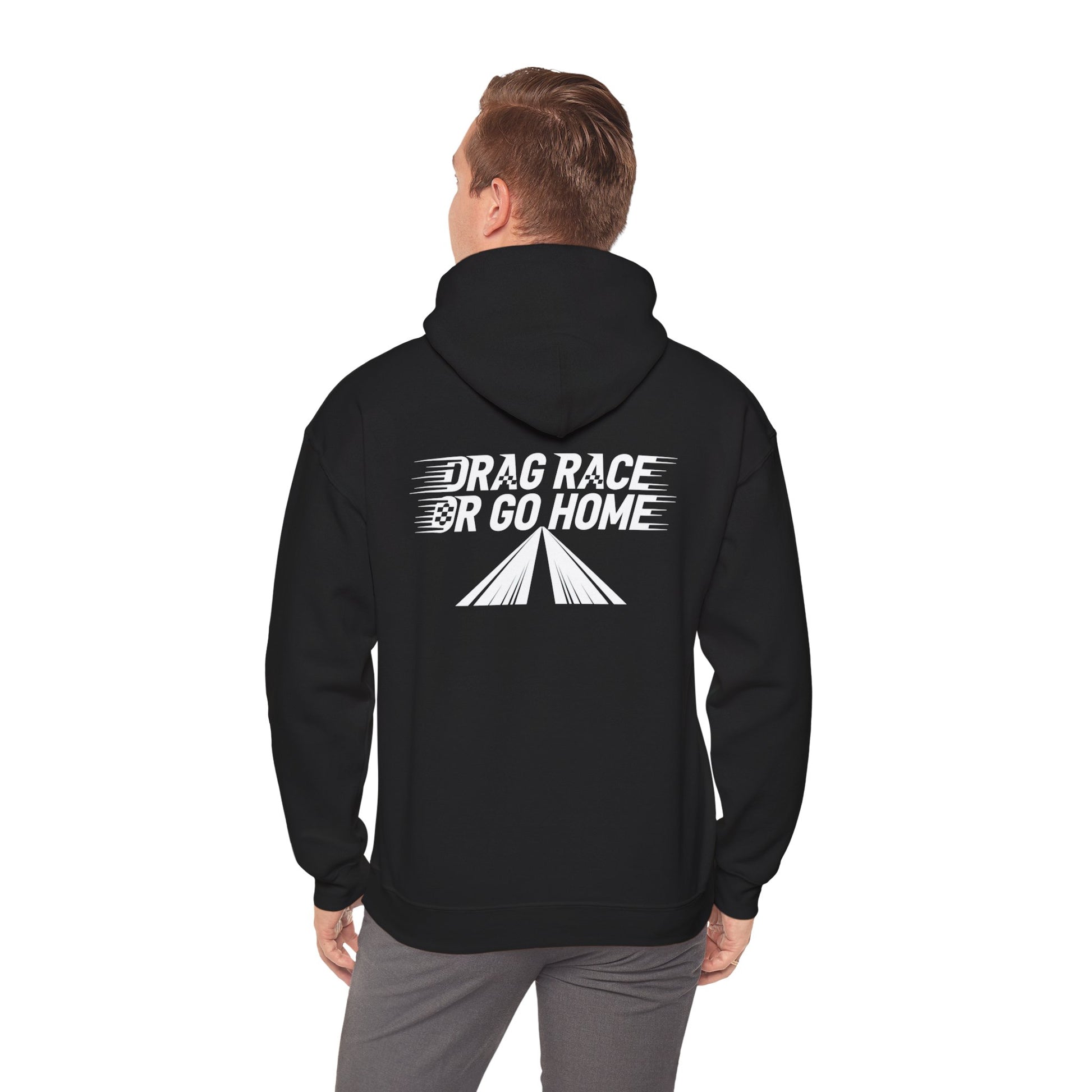 Person wearing a black hoodie with 'Drag Race or Go Home' text on the back.