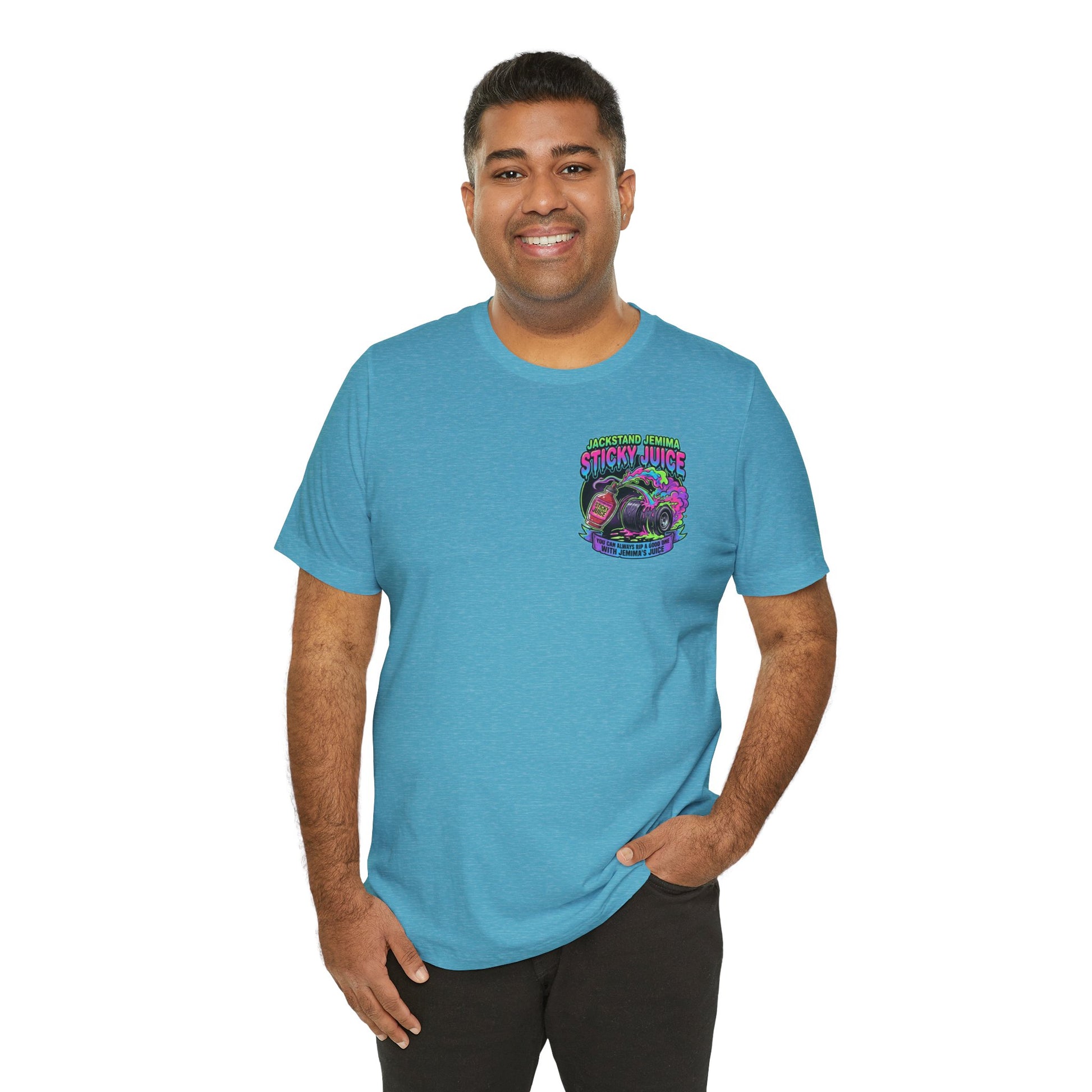 Man wearing a blue t-shirt with a colorful graphic and text  'Jackedstand Jemima Sticky Juice You Can Always Rip A Good One With Jemima's Juice' on a white background