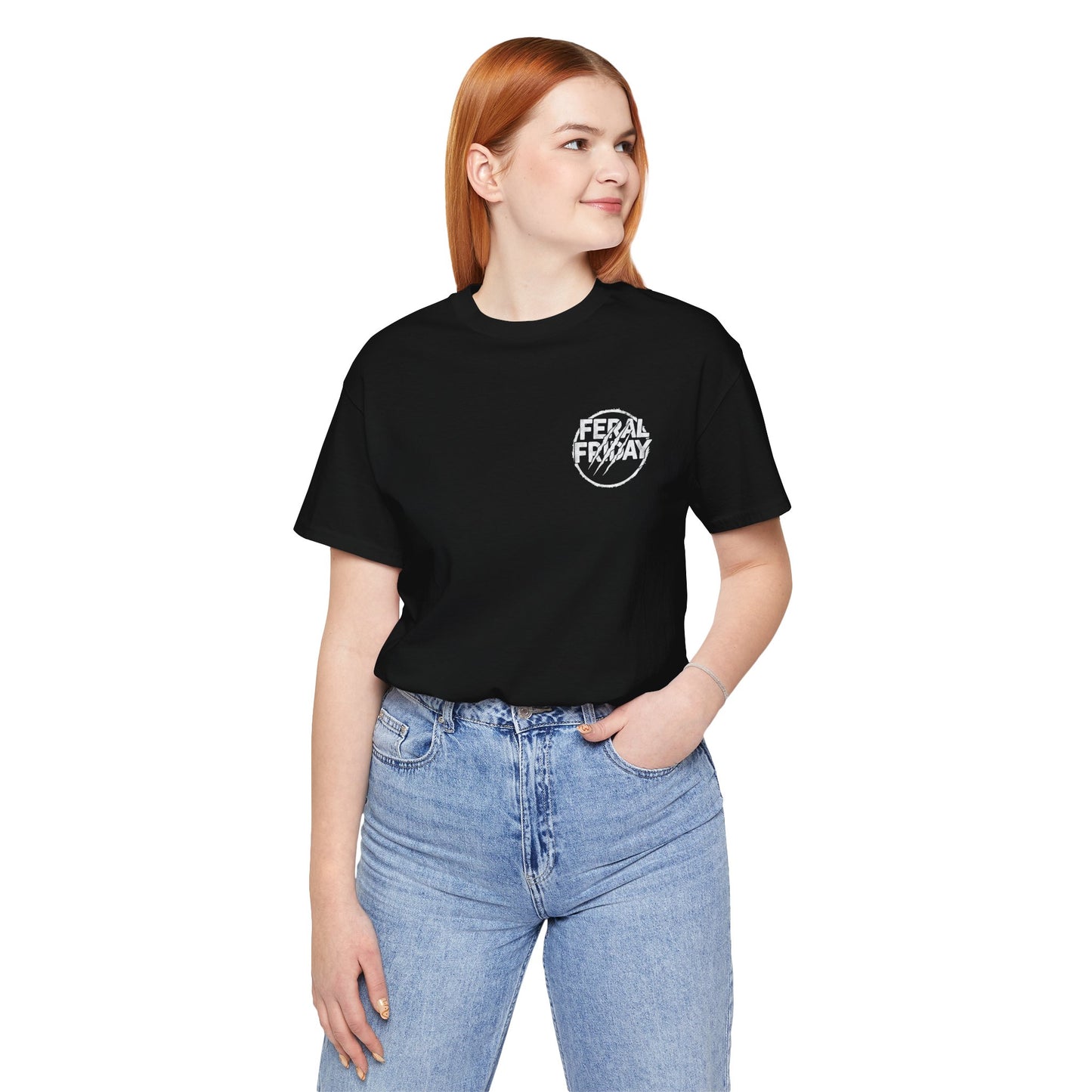 Person wearing a black t-shirt with a  'Feral Friday' logo and blue jeans on a white background