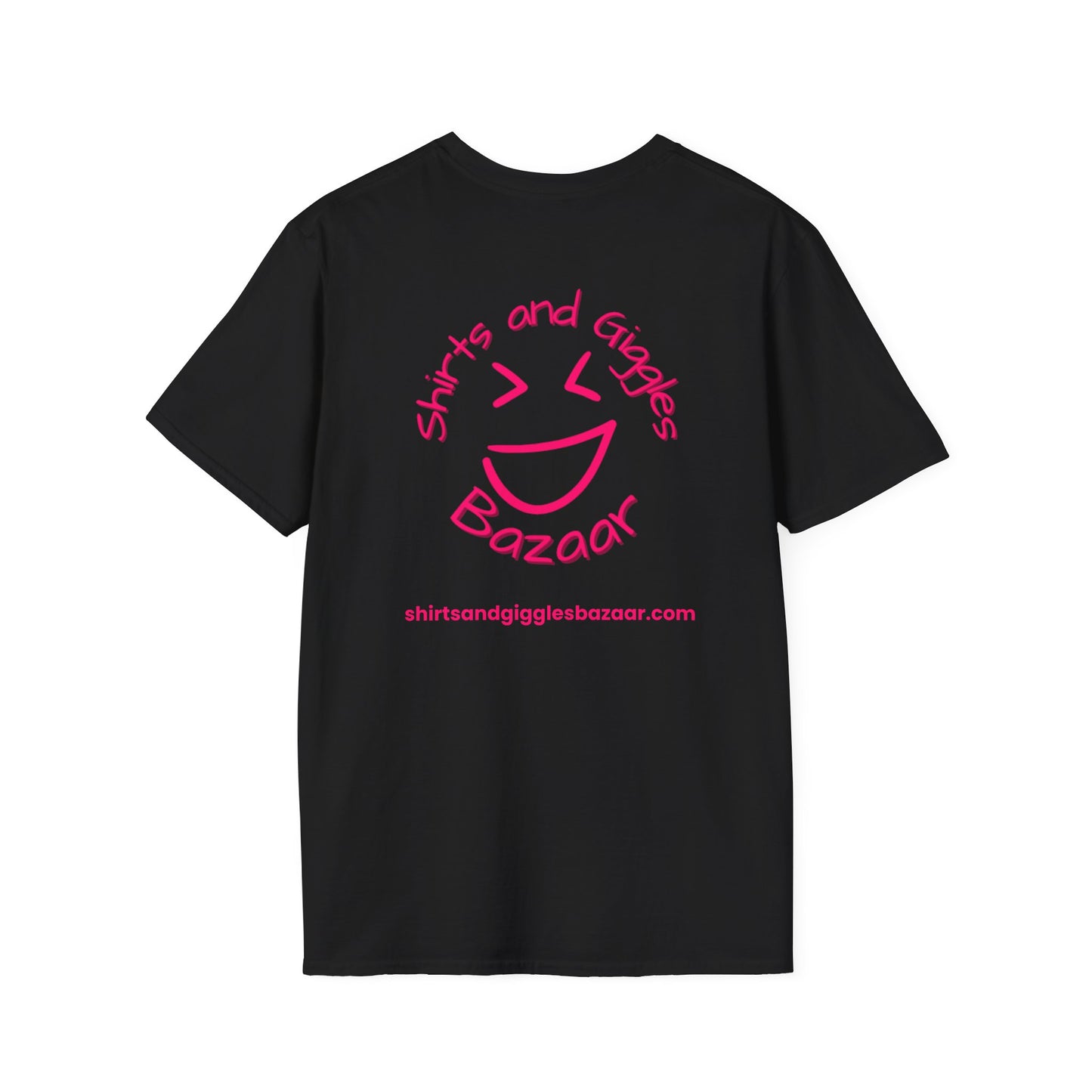 Black t-shirt with a pink 'Shirts and Giggles Bazaar' logo