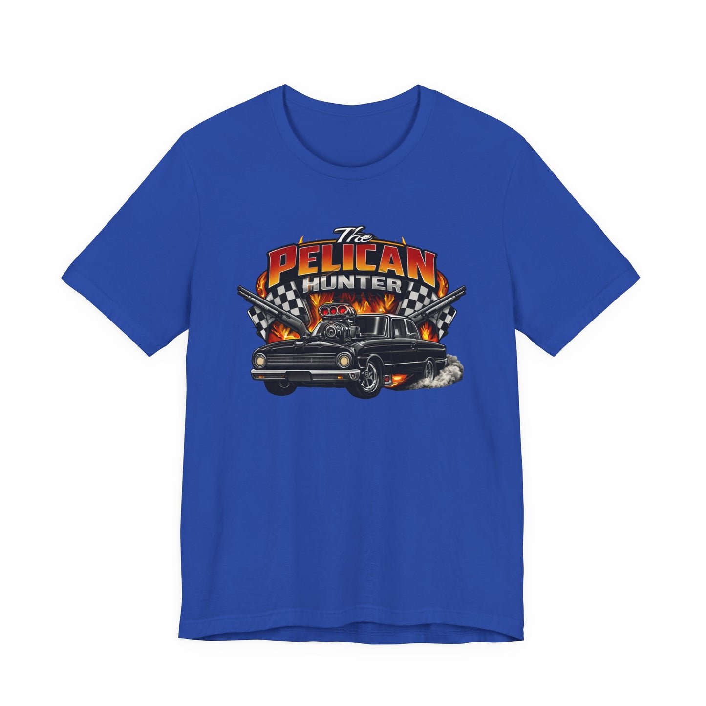Blue t-shirt with a graphic design of a car and 'The Pelican Hunter' text on a white background