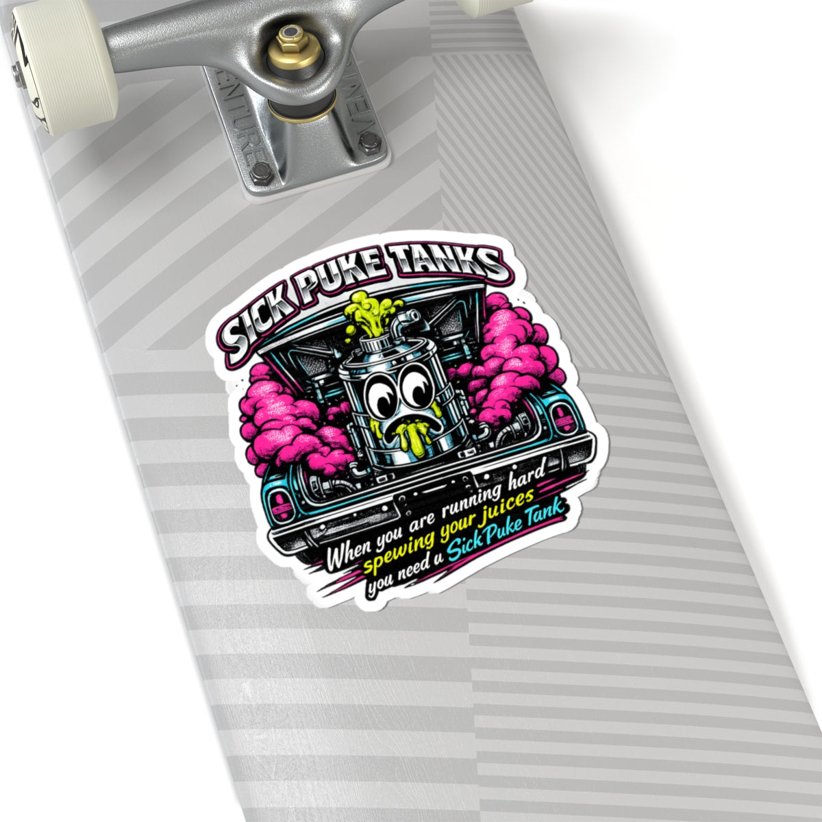 A colorful “Sick Puke Tank” kiss‑cut sticker featuring a bold, cartoon‑style engine puke tank with neon accents and playful lettering. The design has a bright, high‑contrast motorsport aesthetic and a clean white border around the edges, placed on a skateboard