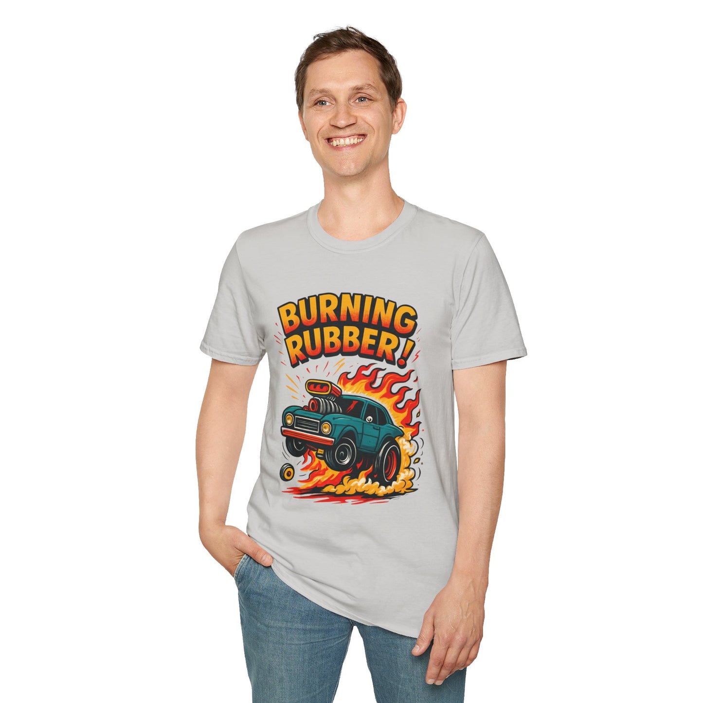 Person wearing a gray t-shirt with 'Burning Rubber!' graphic design on a white background
