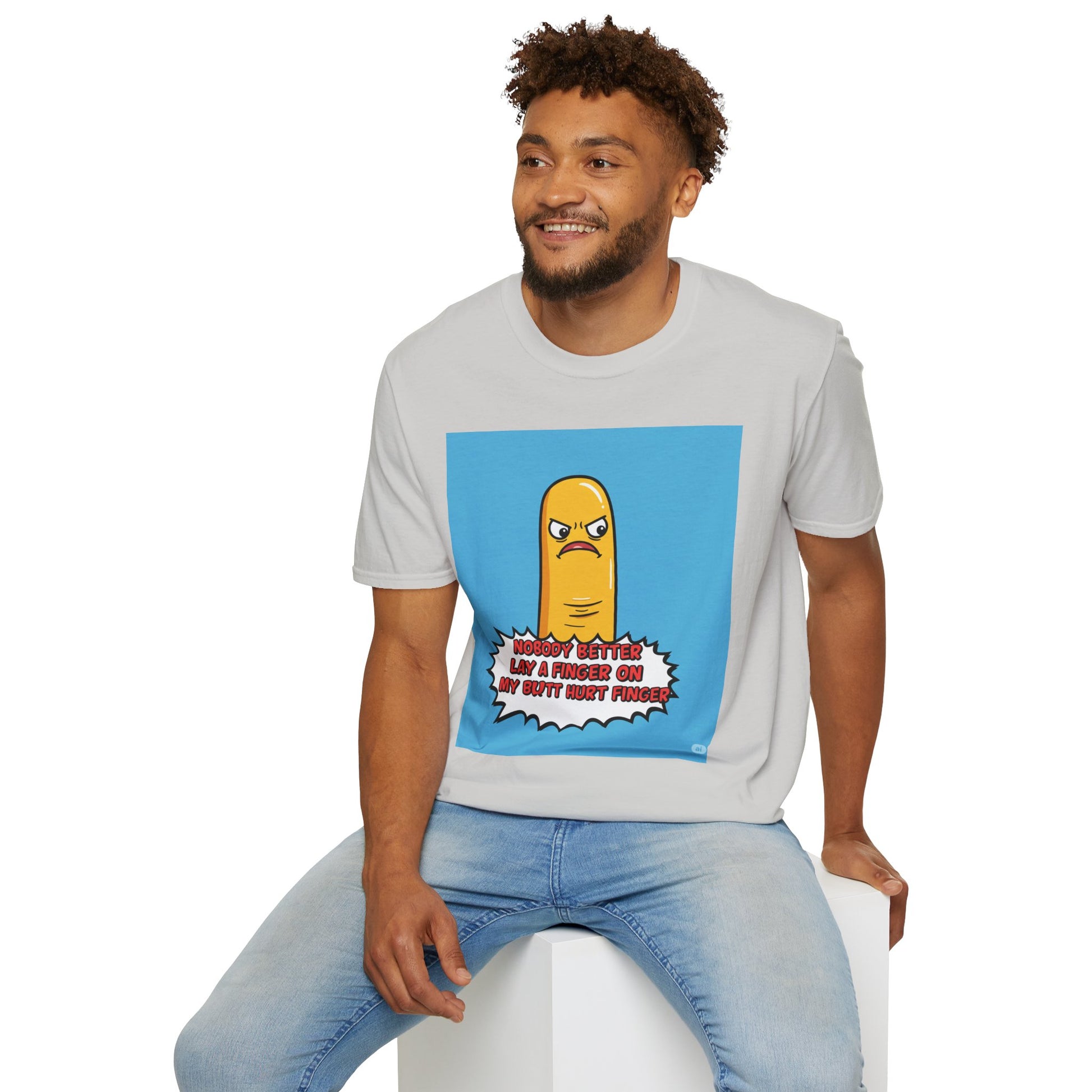 Man wearing a gray t-shirt with a cartoon character graphic and text 'Nobody better lay a finger on my butt hurt finger' on a white background
