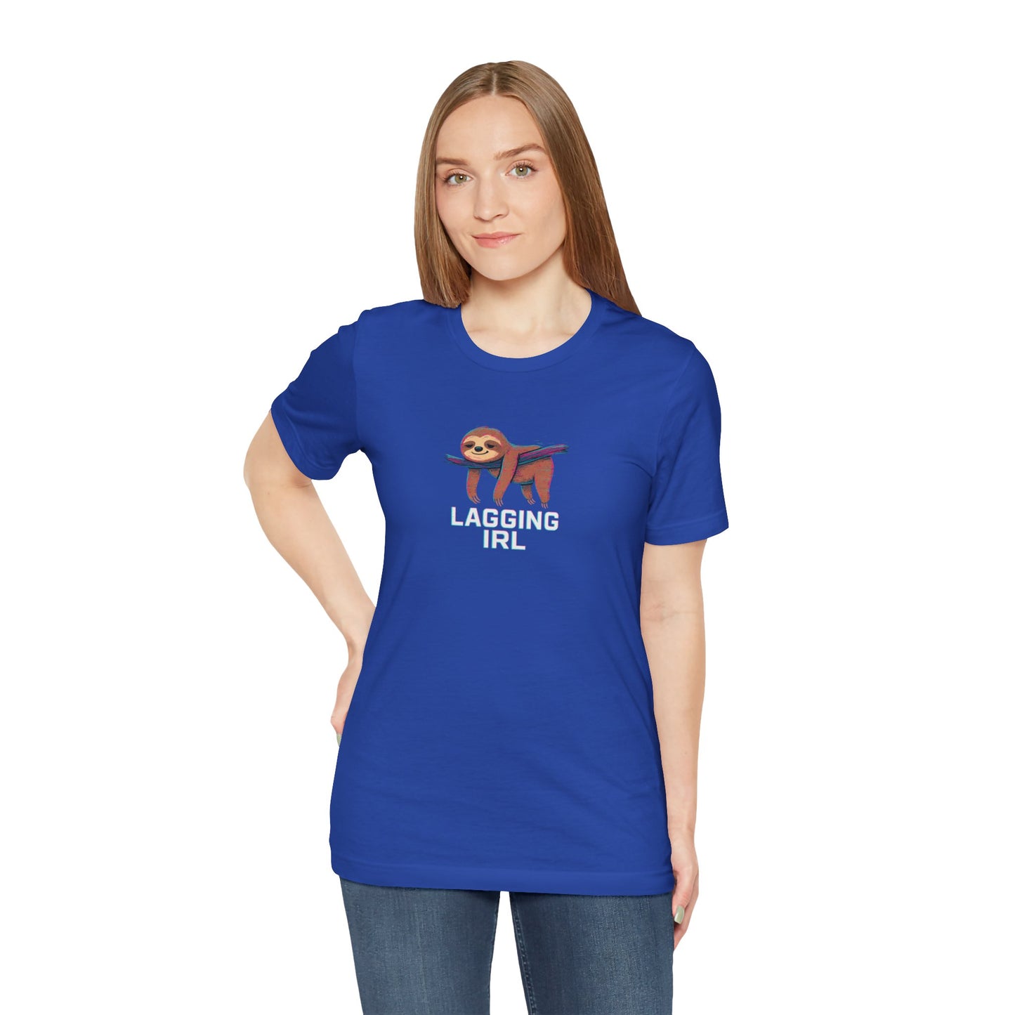 Person wearing a blue t-shirt with a sloth graphic and text 'Lagging IRL' on a white background