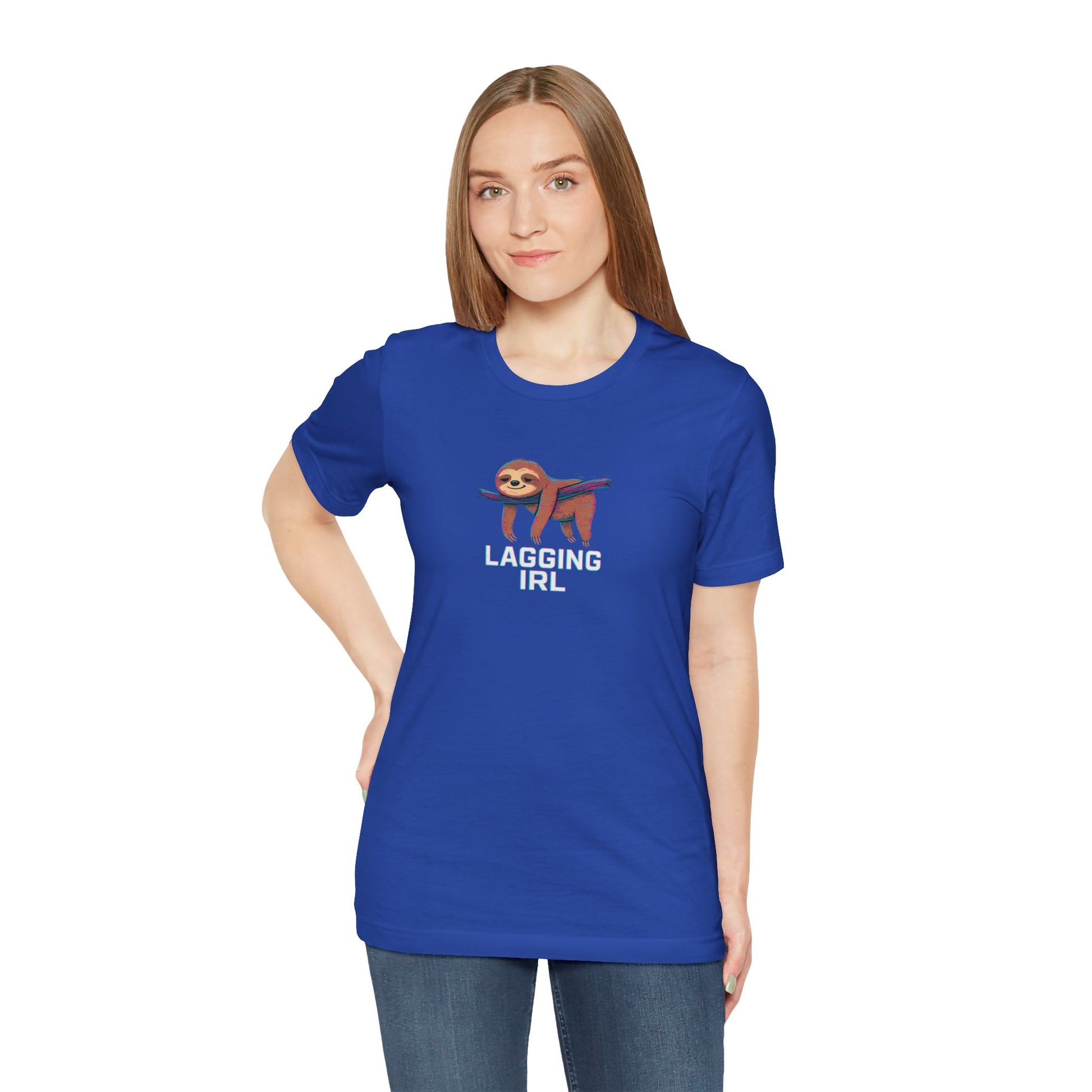 Person wearing a blue t-shirt with a sloth graphic and text 'Lagging IRL' on a white background