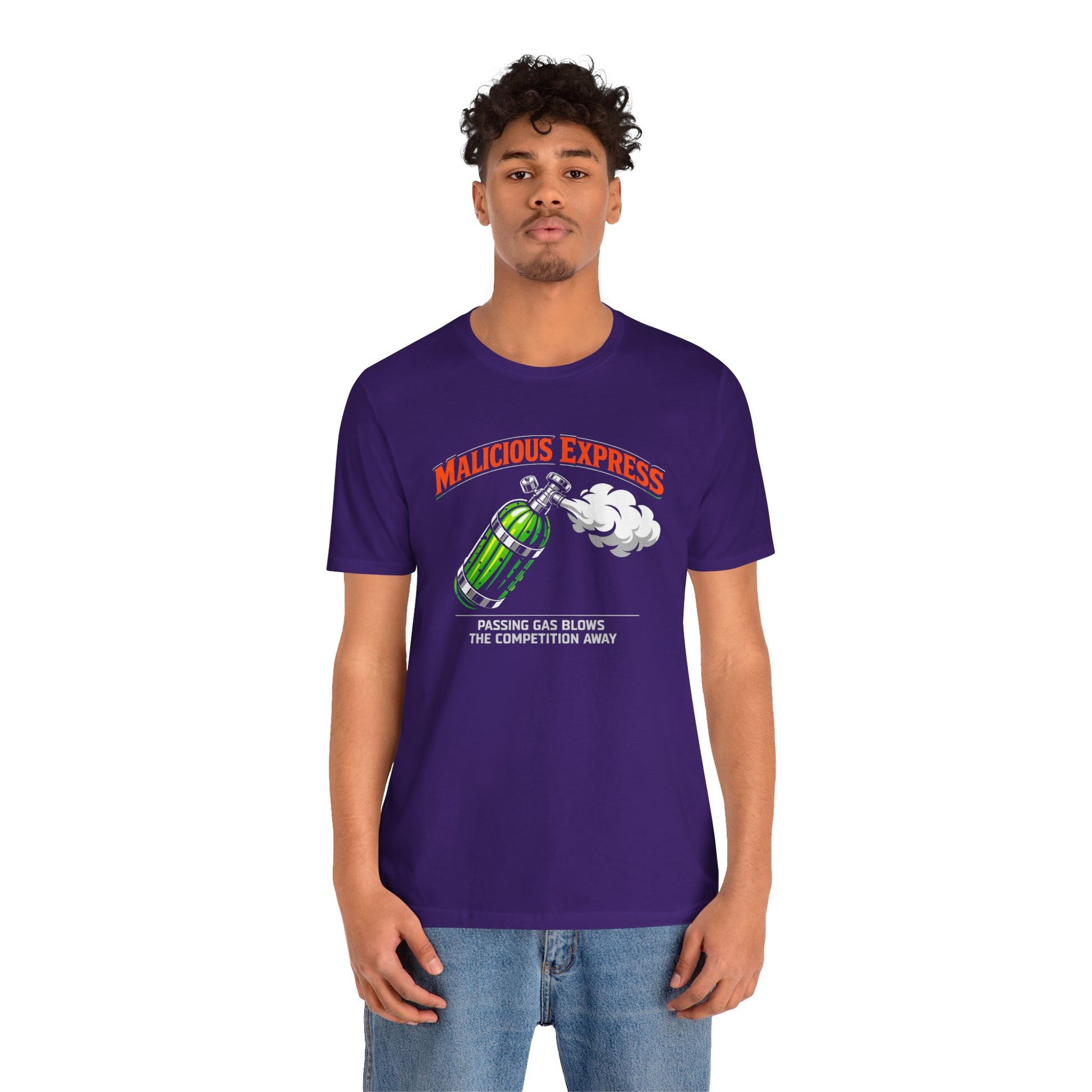 Person wearing a purple t-shirt with 'Malicious Express' graphic design on a white background