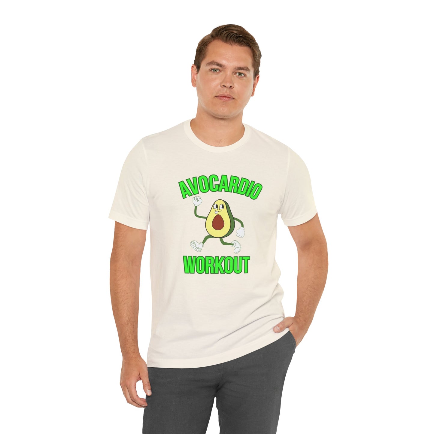 Man wearing a white t-shirt with an avocado graphic and text 'Avocardio workout' on a white background