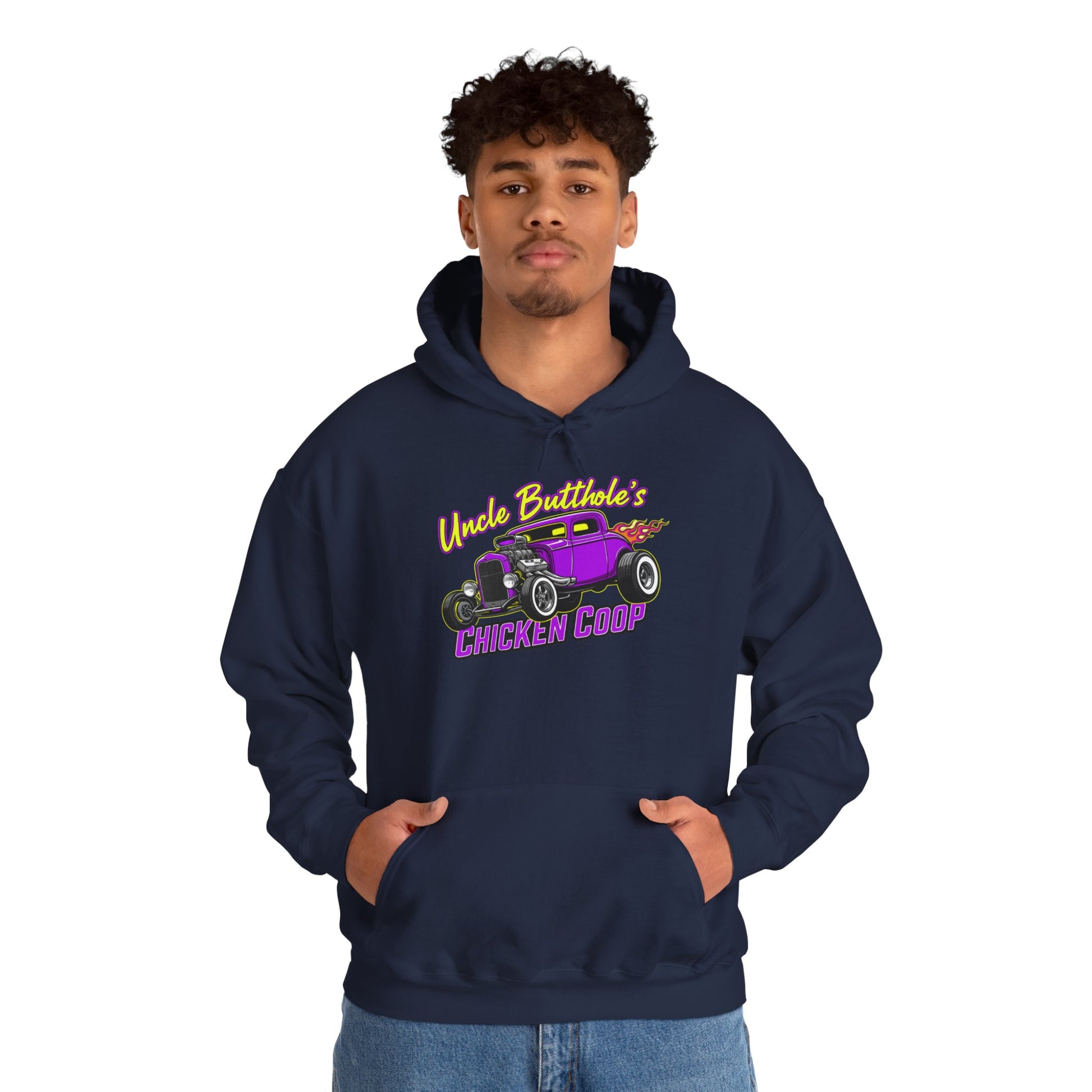 Person wearing a navy hoodie with a graphic design and text 'Uncle Butthole's Chicken Coop' on a white background