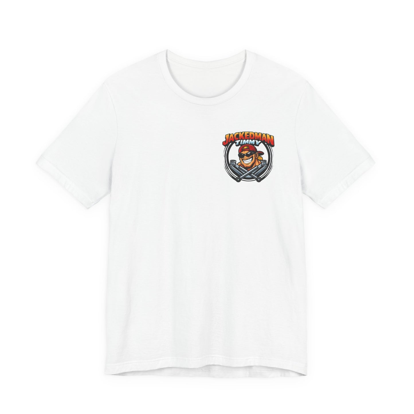 White t-shirt with a graphic design Jackedman Timmy Race Jacks logo on a white background