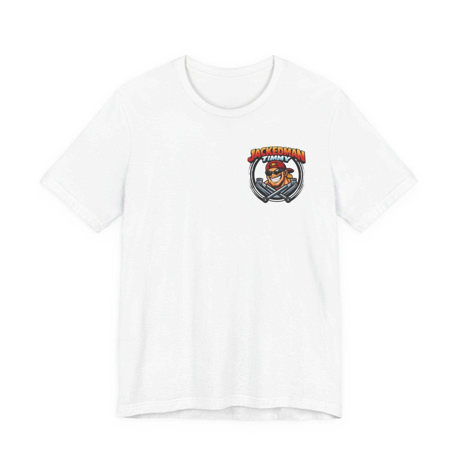 White t-shirt with a graphic design Jackedman Timmy Race Jacks logo on a white background