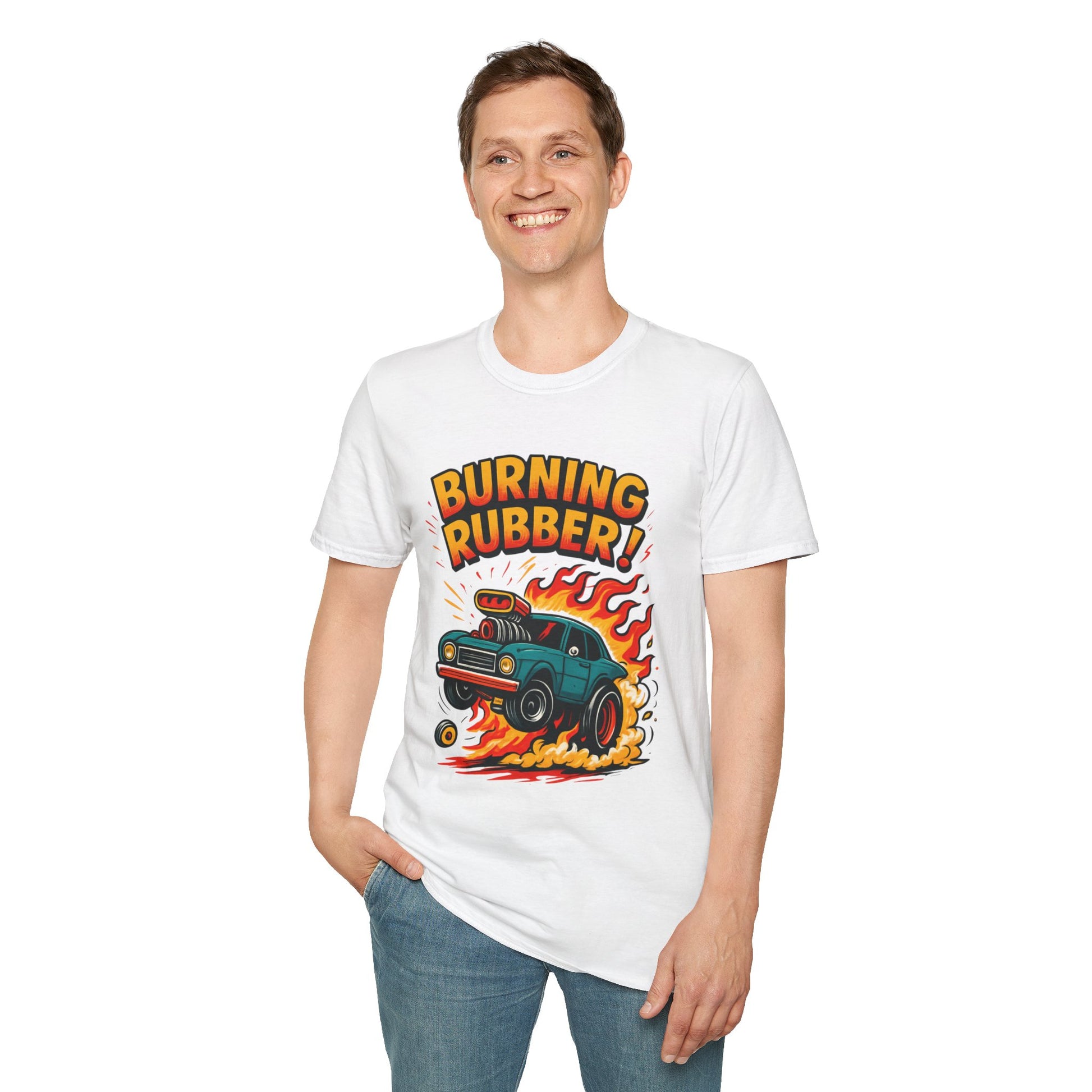 Person wearing a white t-shirt with 'Burning Rubber!' graphic design on a white background