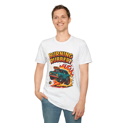 Person wearing a white t-shirt with 'Burning Rubber!' graphic design on a white background