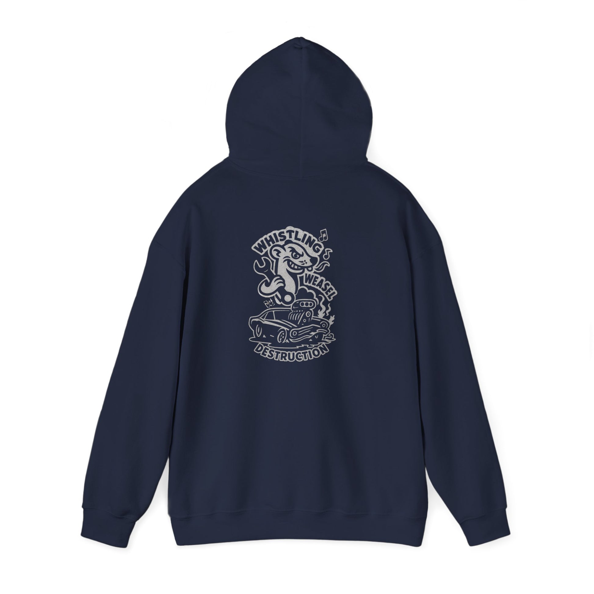 Flat lay of navy Gildan 18500 hoodie displaying large white back graphic with cartoon weasel and flaming car engine. Designed for motorsport fans.

