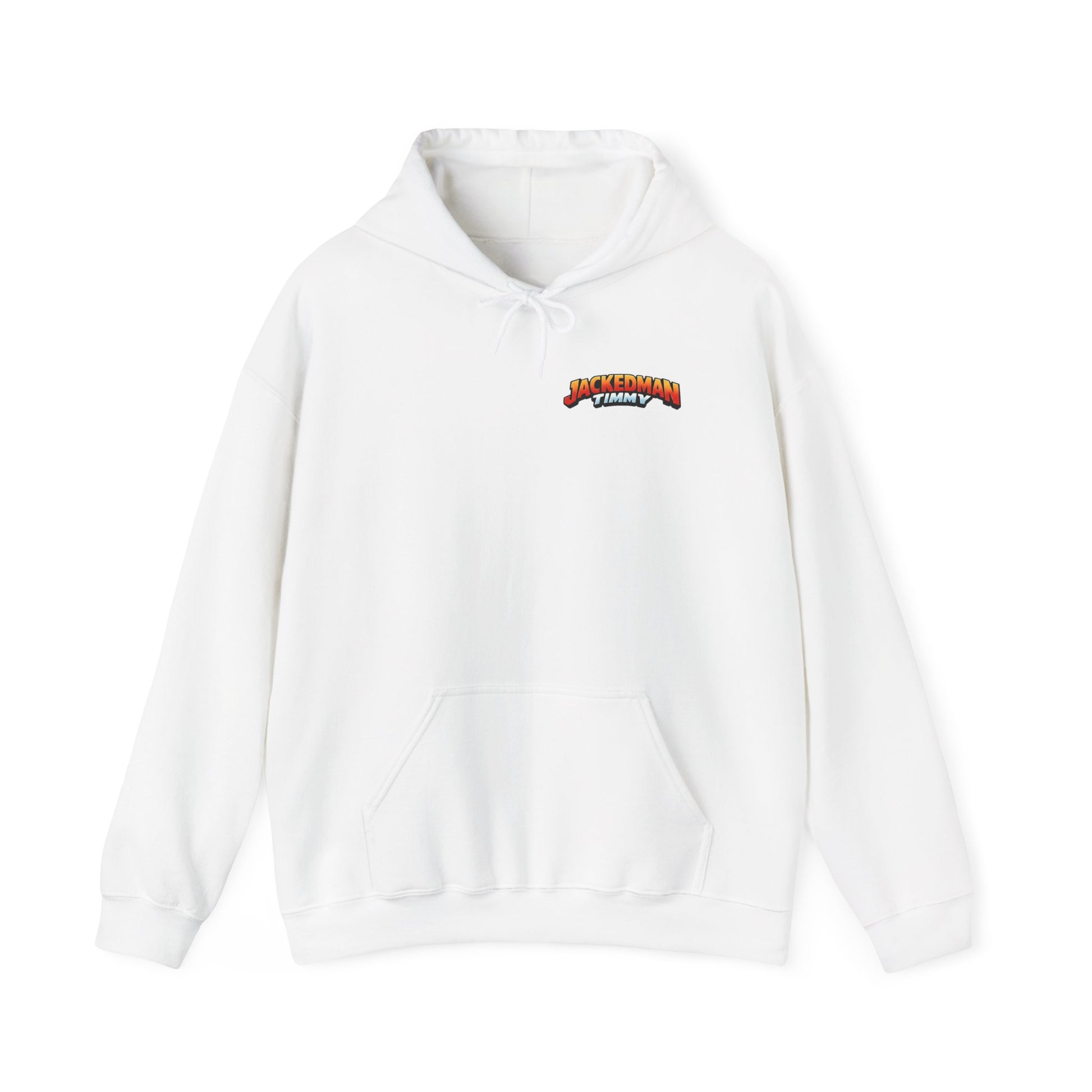 White hoodie with a 'Jackedman Timmy' logo on the chest against a white background