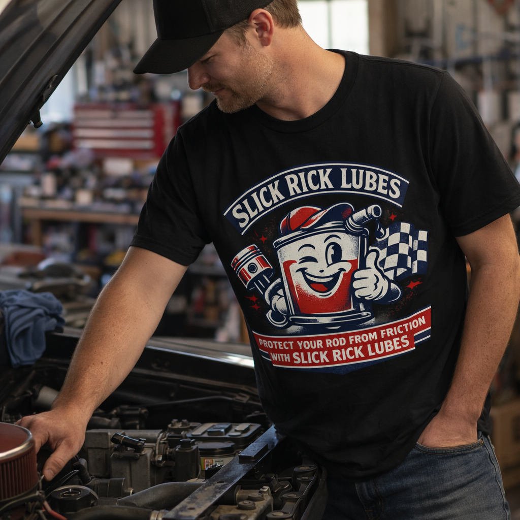 Black Slick Rick Lubes drag racing t shirt worn while working on muscle car in garage
