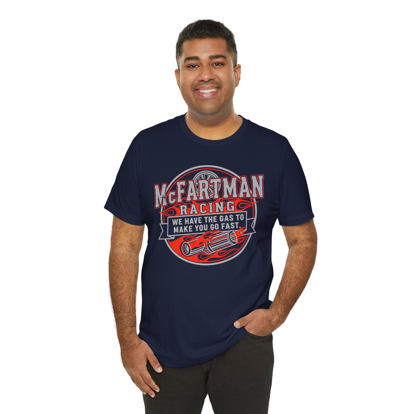 Man wearing a navy blue t-shirt with 'McFarman Racing' graphic design on a white background