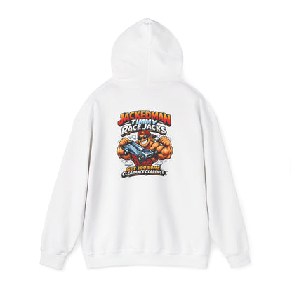 White hoodie with a graphic design and 'Jackedman Timmy Race Jacks Get You Some Clearance Clarence' text on a white background