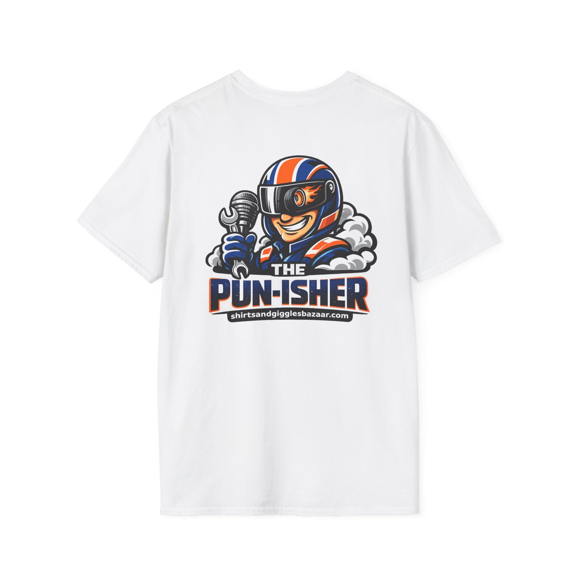 White t-shirt with a graphic of a character holding a wrench and the text 'The Pun-isher' on a white background.