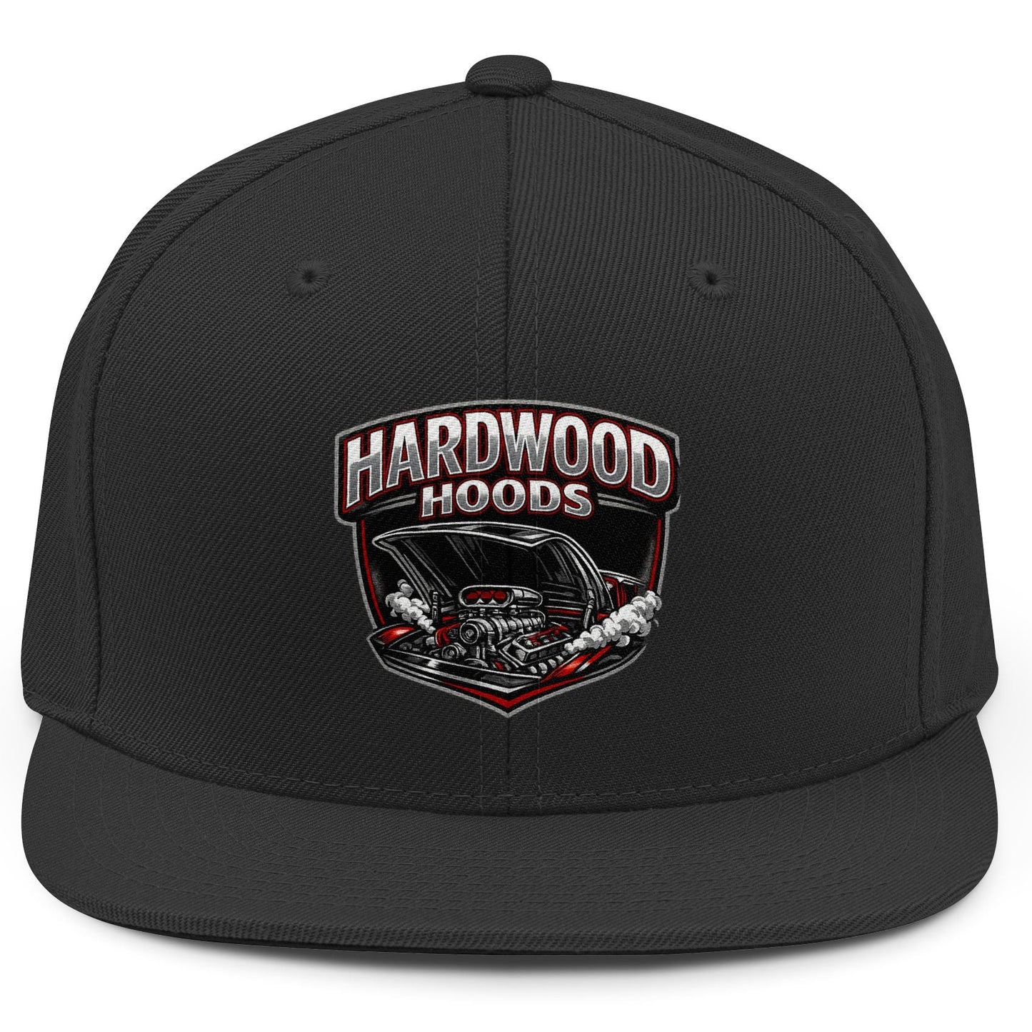 Black cap with 'Hardwood Hoods' logo on a white background