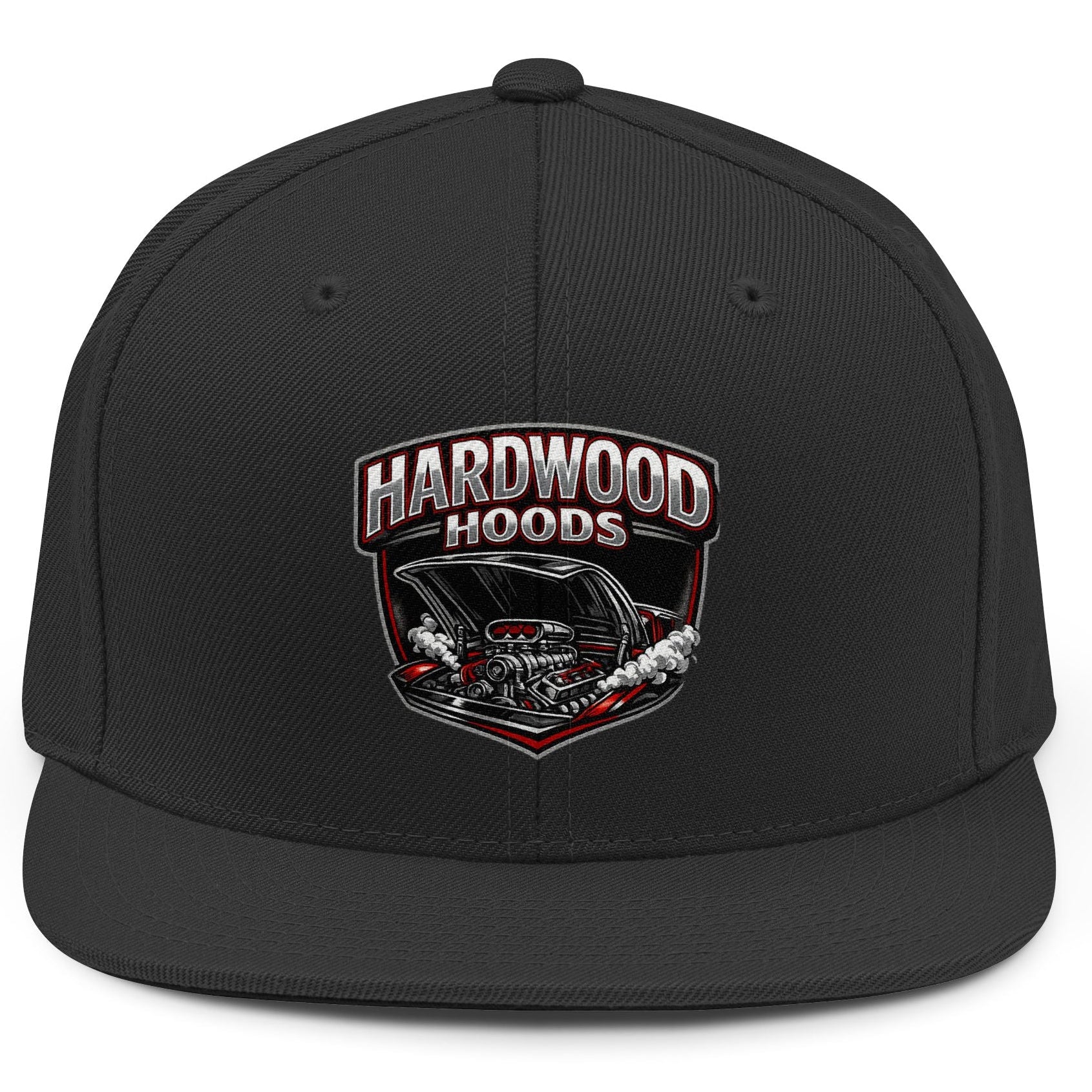 Black cap with 'Hardwood Hoods' logo on a white background