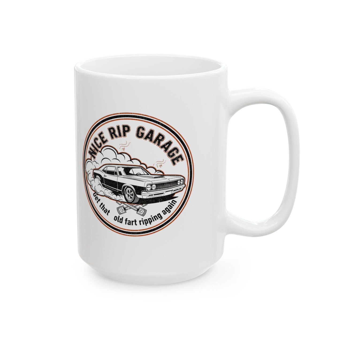White mug with 'Nice Rip Garage' graphic featuring a car on a white background