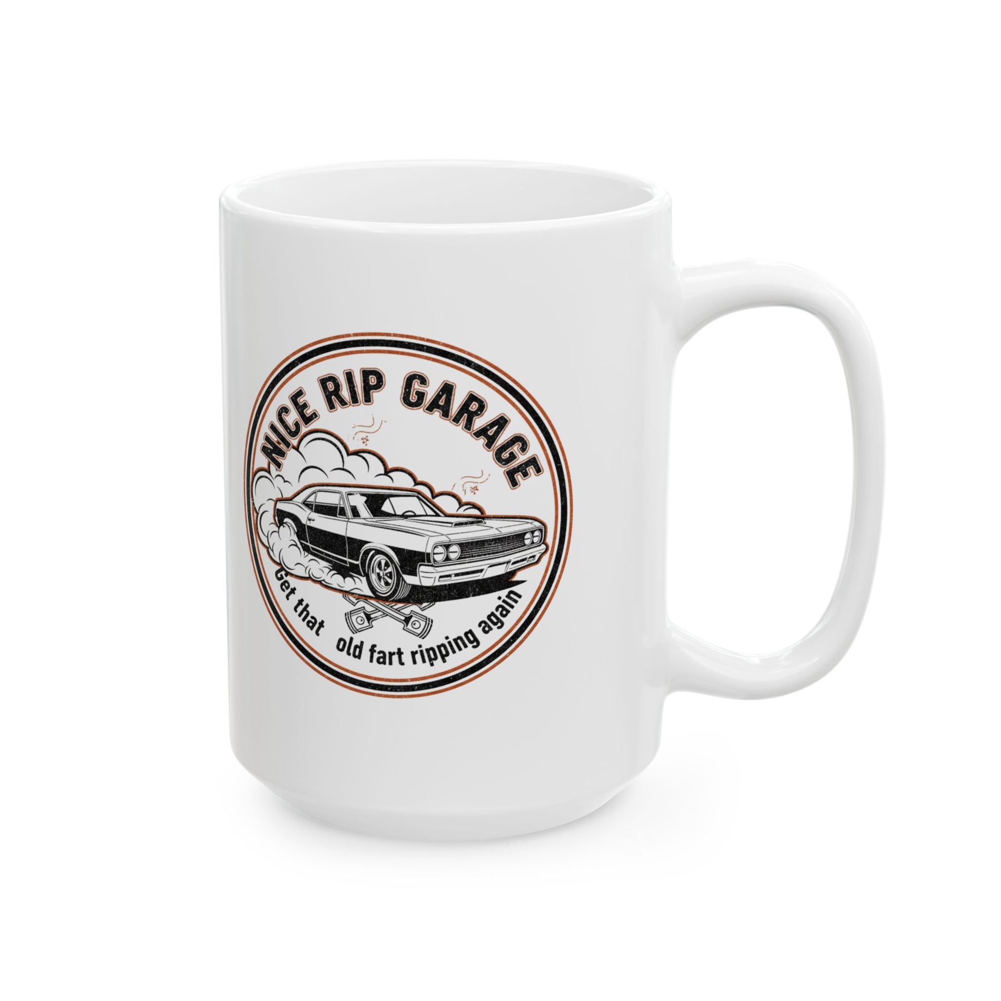 White mug with 'Nice Rip Garage' graphic featuring a car on a white background