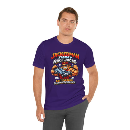 Man wearing a purple t-shirt with a graphic design and 'Jackedman Timmy Race Jacks Get You Some Clearance Clarence' text on a white background