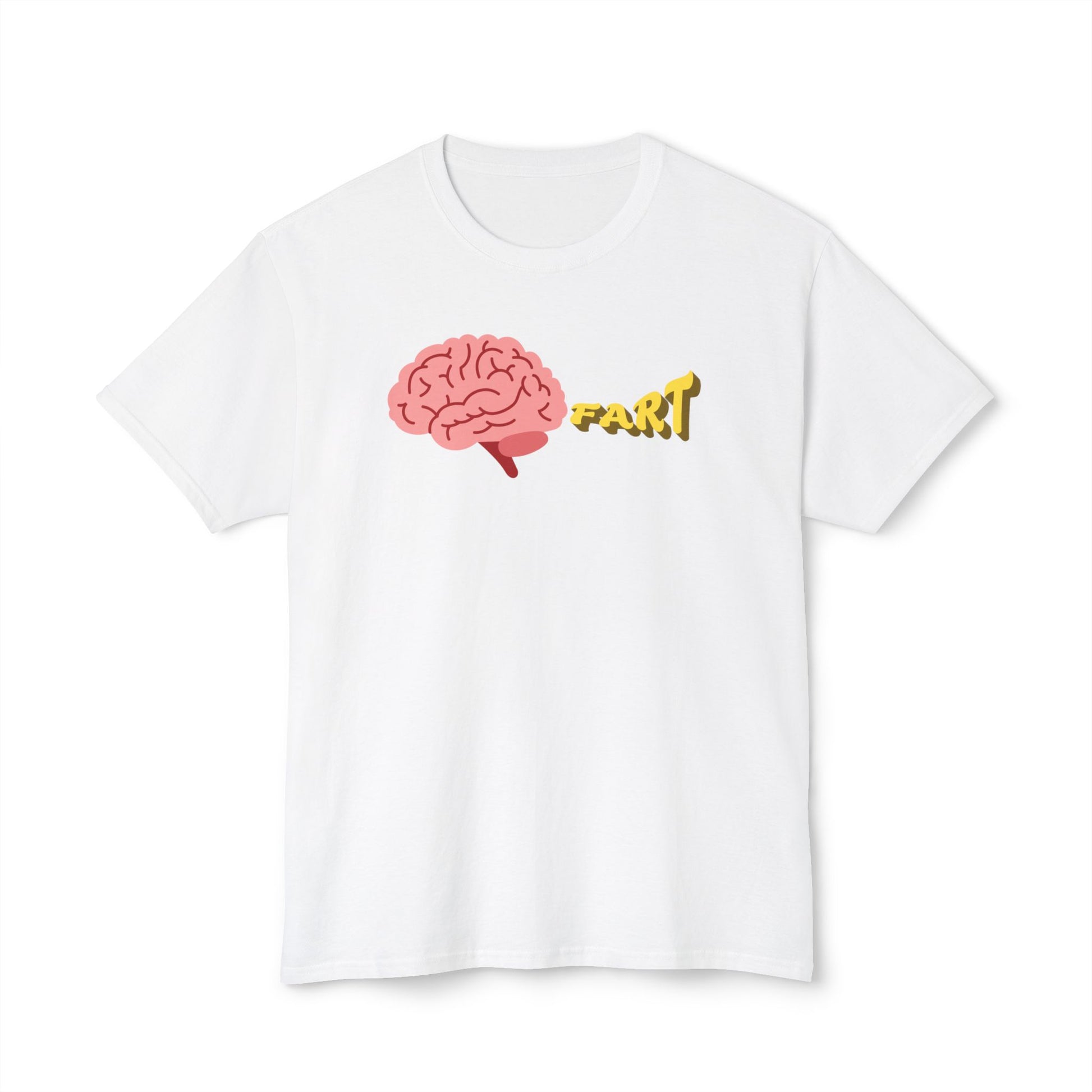 White t-shirt with a brain graphic and 'FART' text on a white background