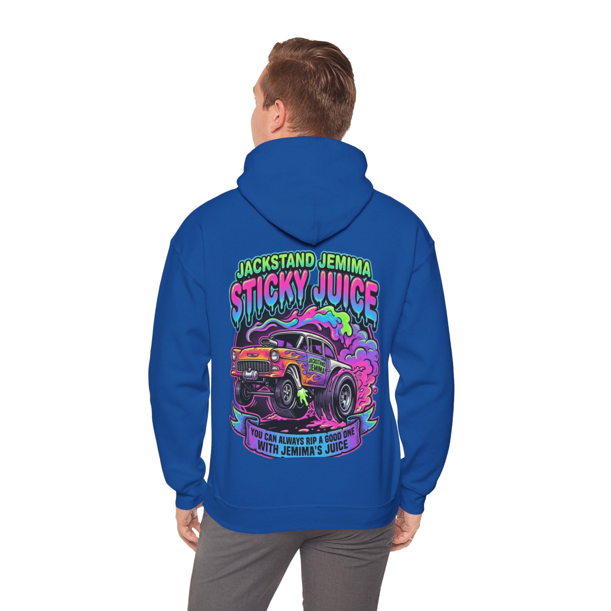 Person wearing a blue hoodie with a colorful graphic design and 'Jackstand Jemima Sticky Juice You Can Always Rip A Good One With Jemima's Juice' text on the back.