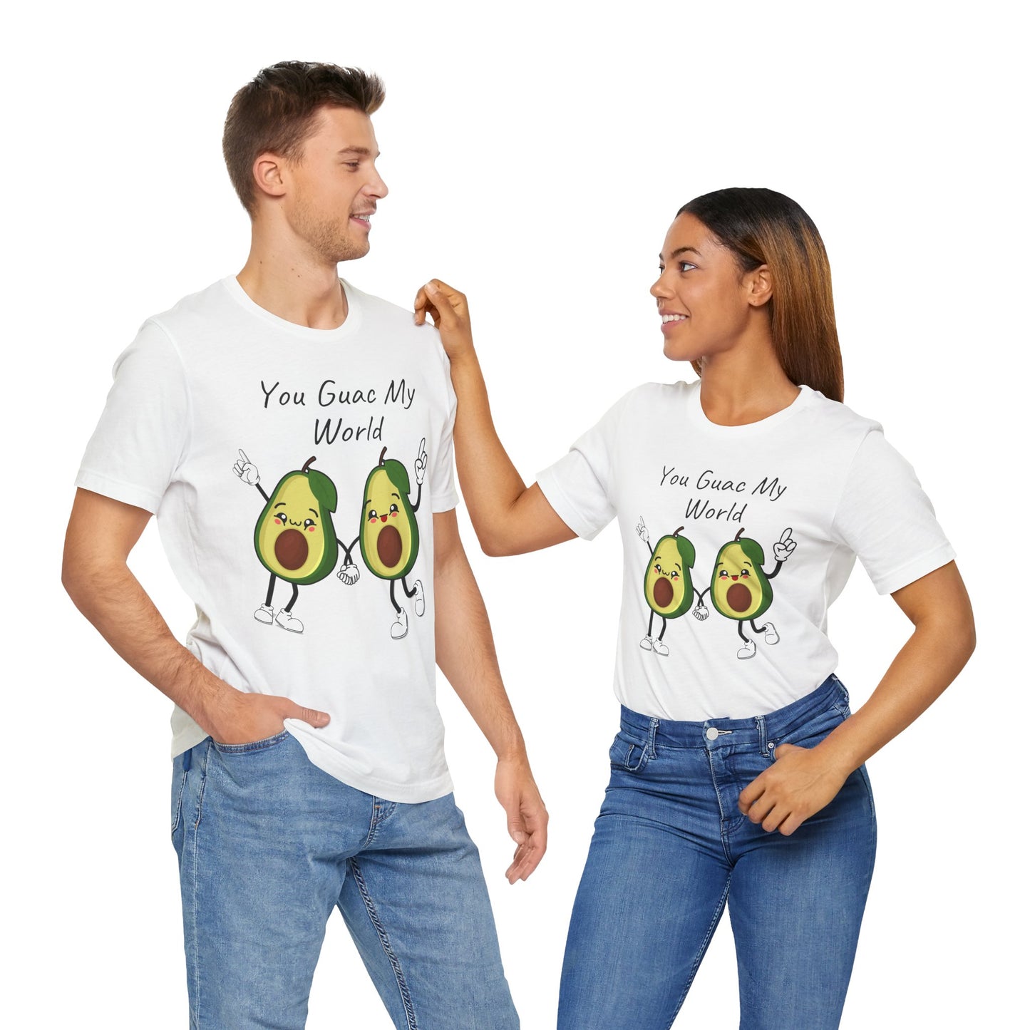 Two people wearing matching white t-shirts with avocado graphics and text 'You Guac My World' on a white background