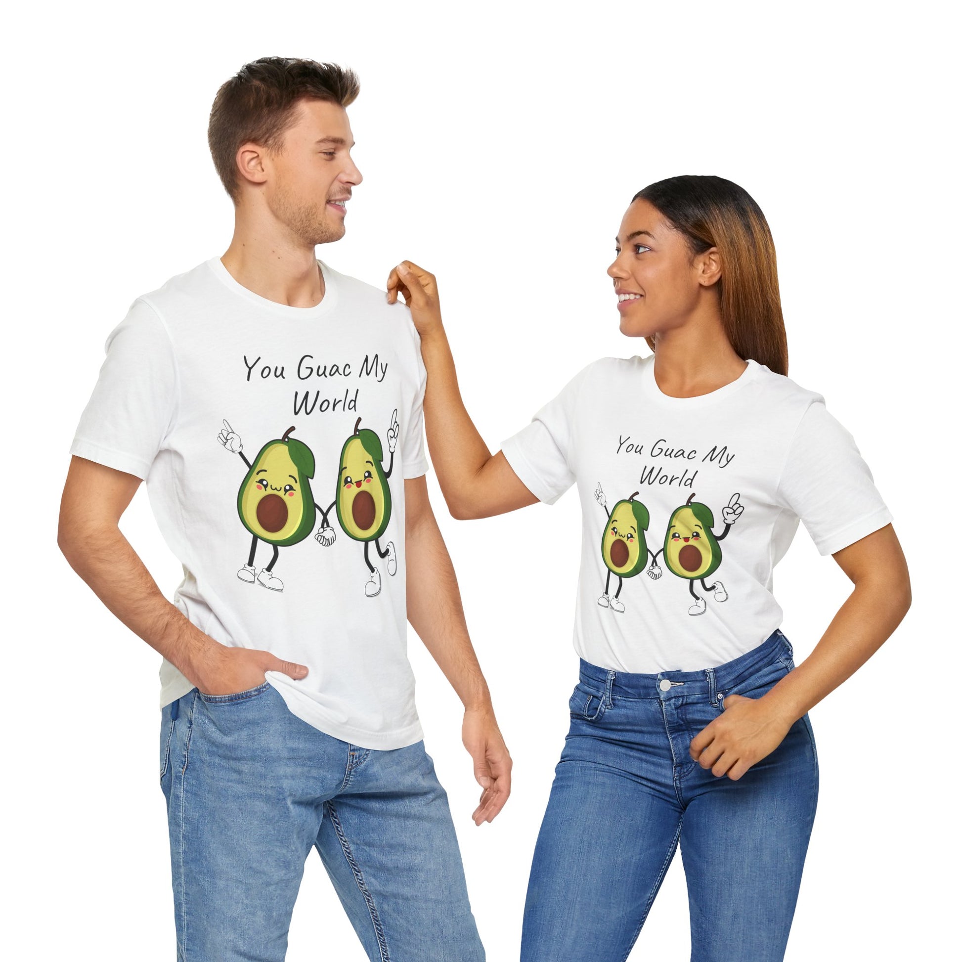 Two people wearing matching white t-shirts with avocado graphics and text 'You Guac My World' on a white background