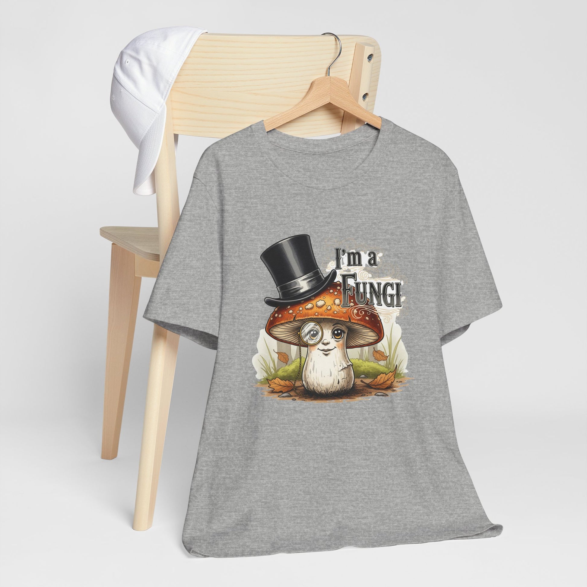 Gray t-shirt with a mushroom graphic and text 'I'm a Fungi' on a white background