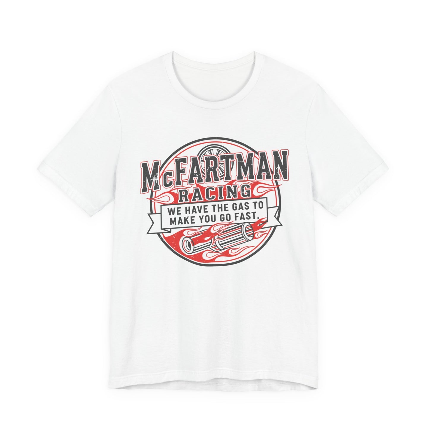 White t-shirt with 'McFartman Racing' graphic design on a white background