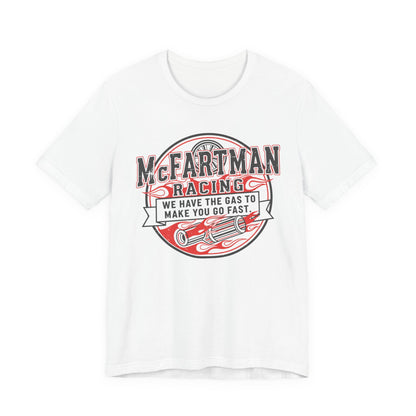 White t-shirt with 'McFartman Racing' graphic design on a white background