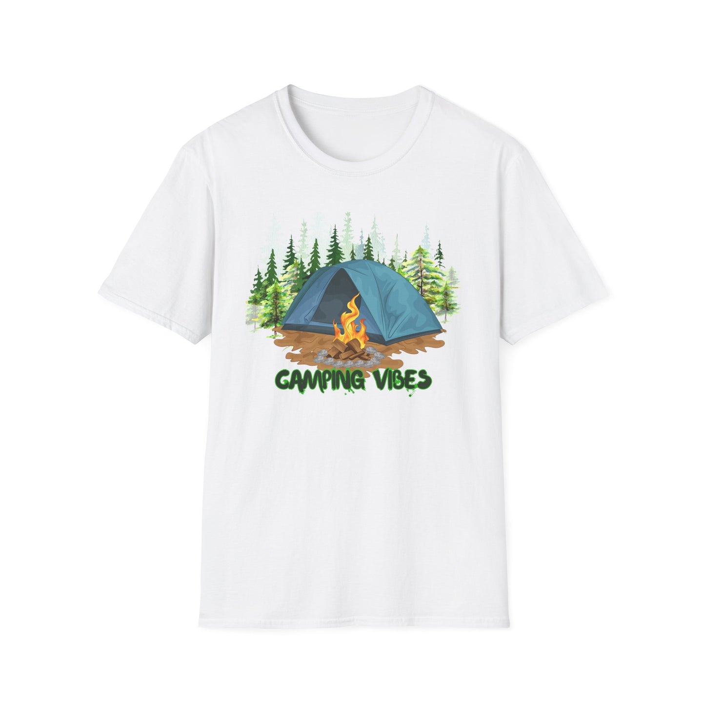 White t-shirt with a camping design featuring a tent, trees, and a campfire with 'Camping Vibes' text on a white background.