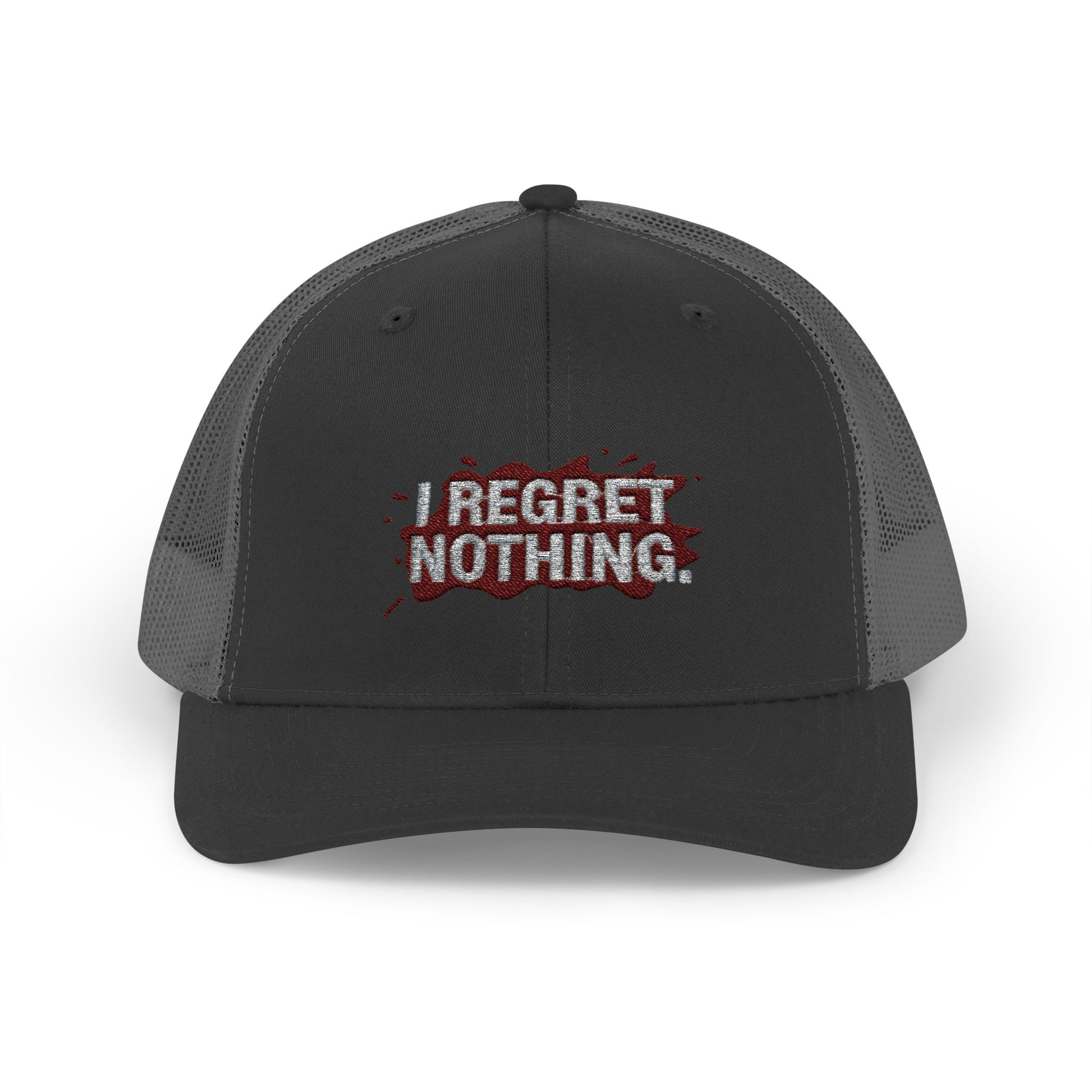 Black cap with 'I Regret Nothing' text on a white background