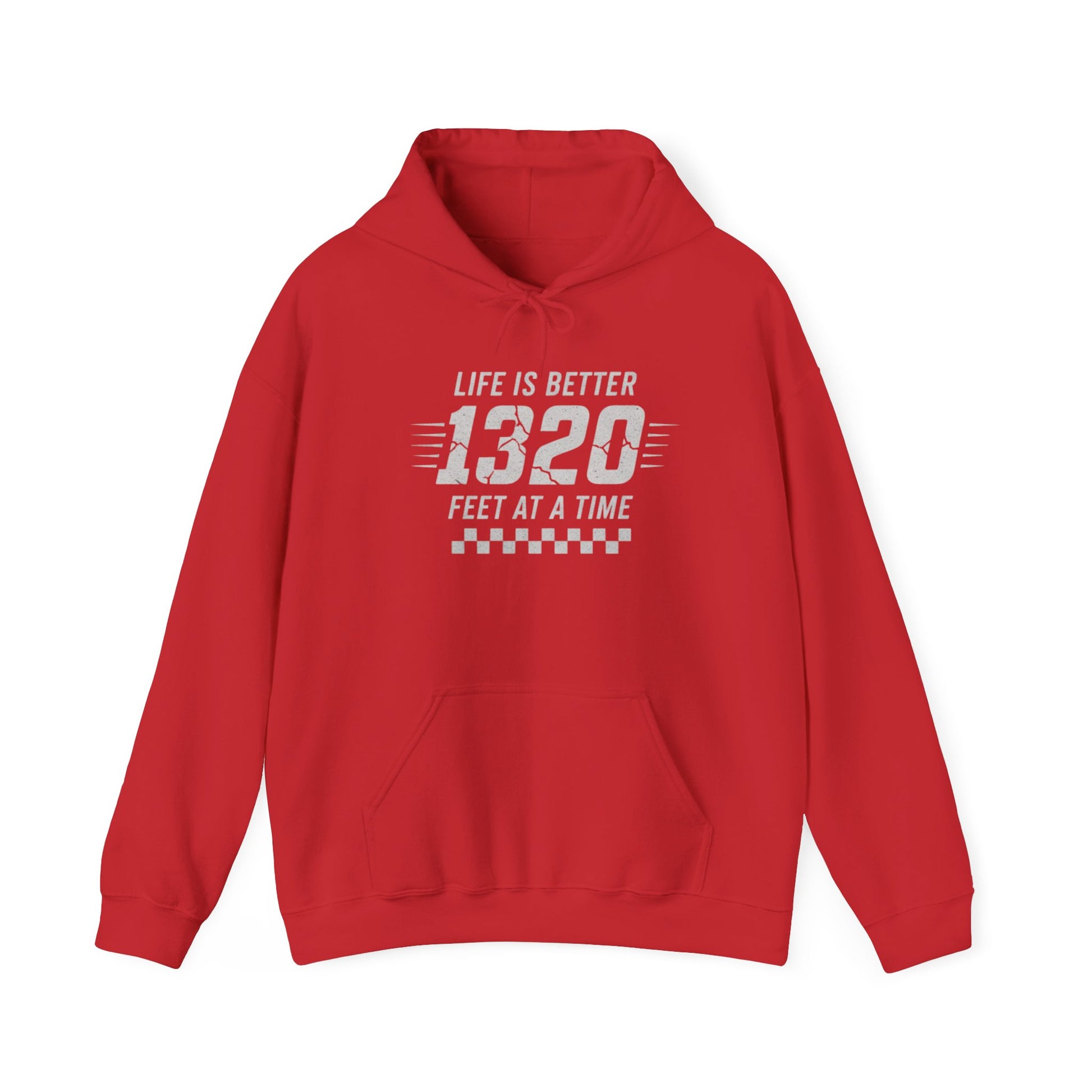 Red hoodie with text 'Life is better 1320 feet at a time' on a white background