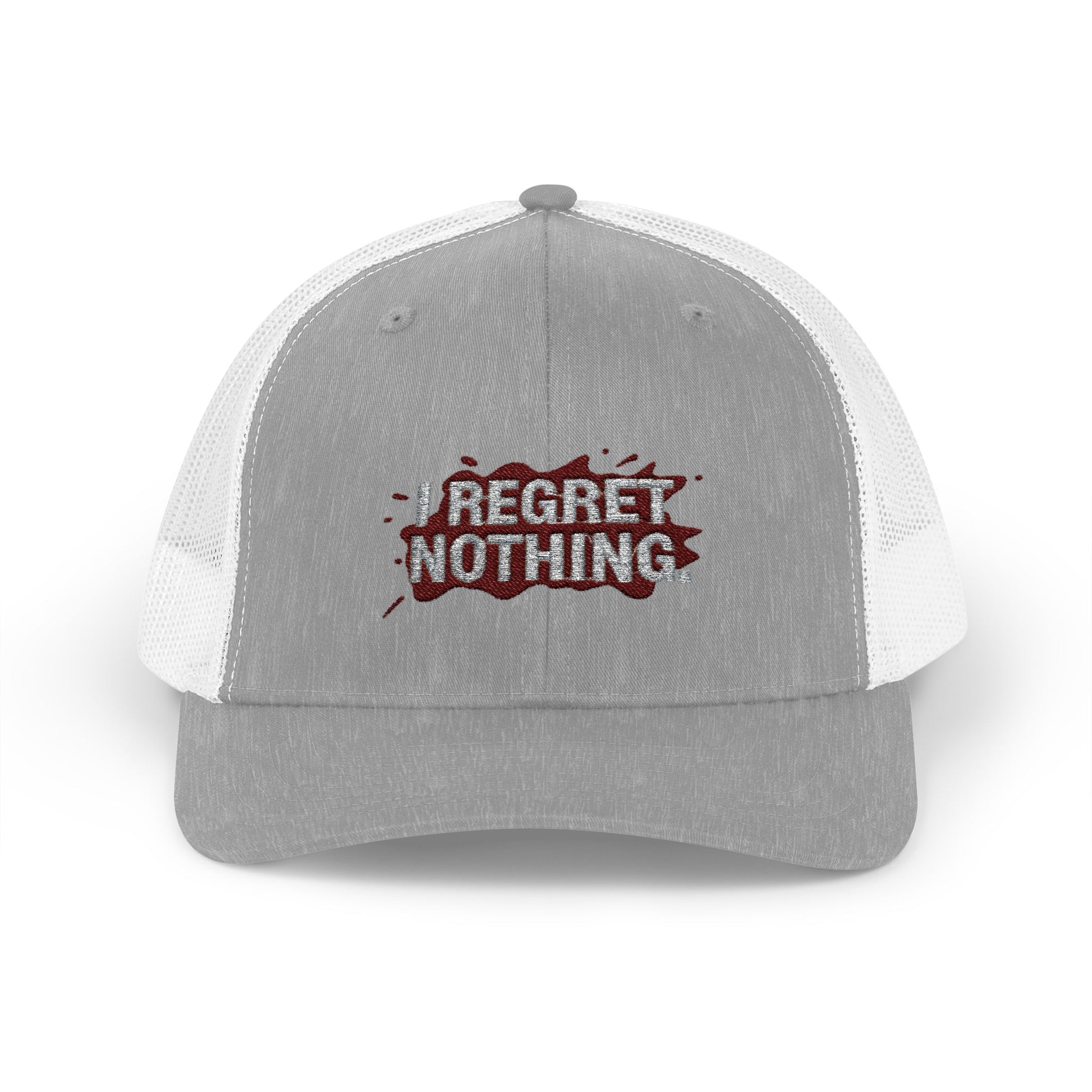 Gray and white cap with 'Regret Nothing' text on a white background